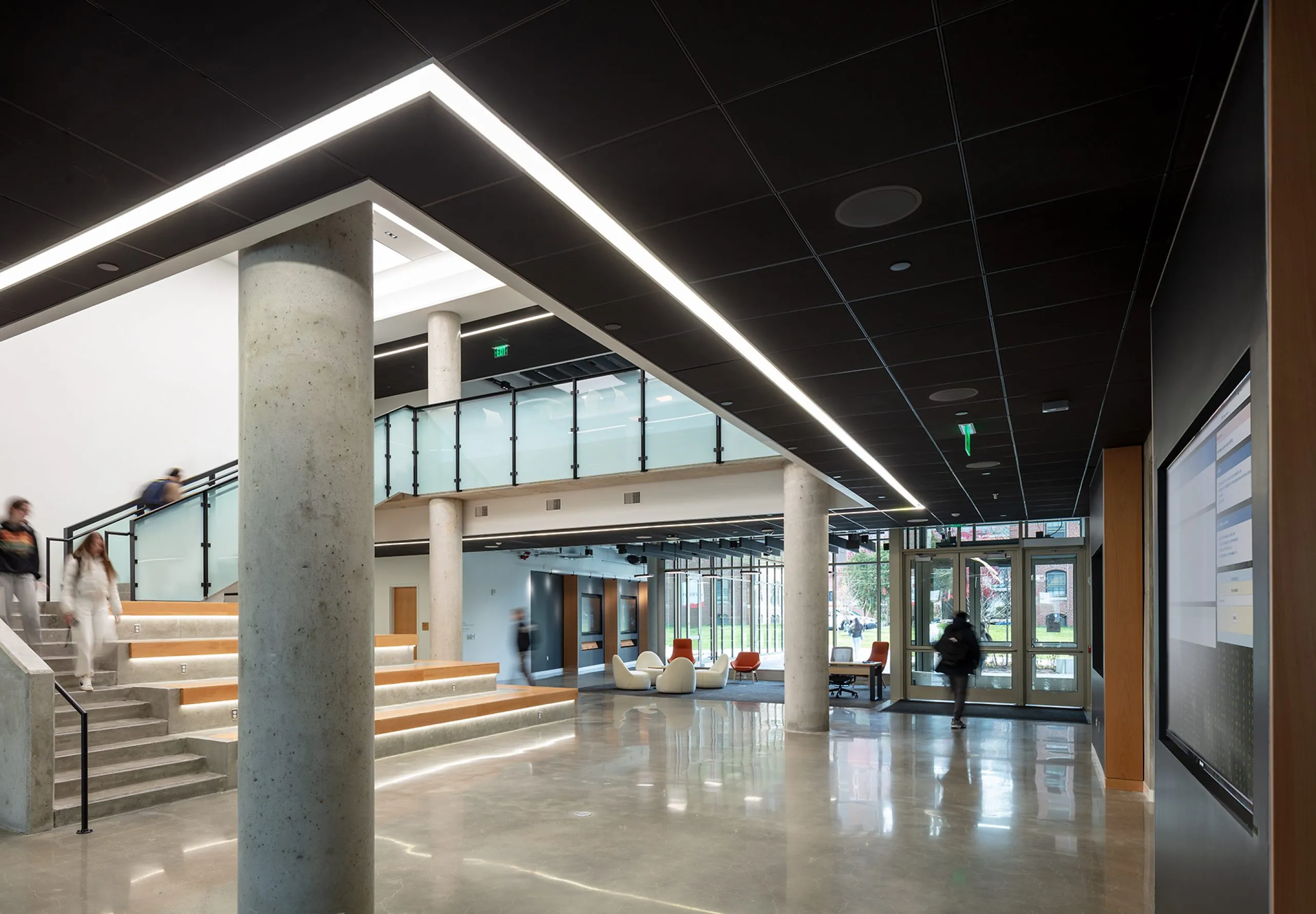 Multistory stairwell and lobby in Center for Media Arts, Computers & Design