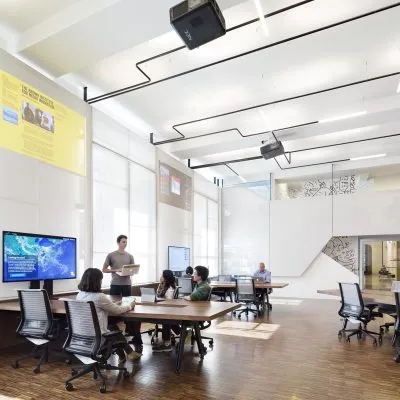 Students in classroom at Brown Institute for Media Innovation