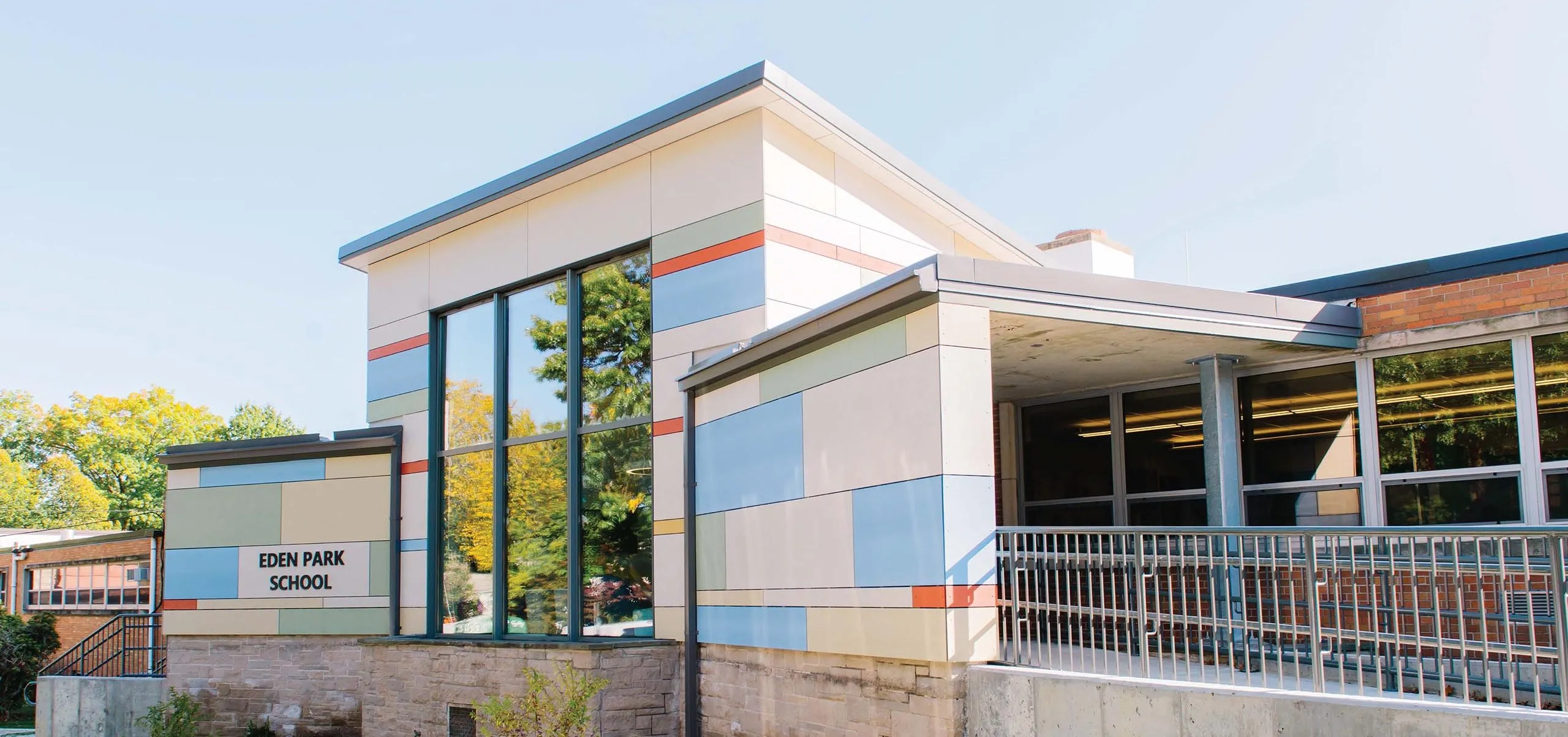 Exterior of Eden Park Elementary School with colorful tiles