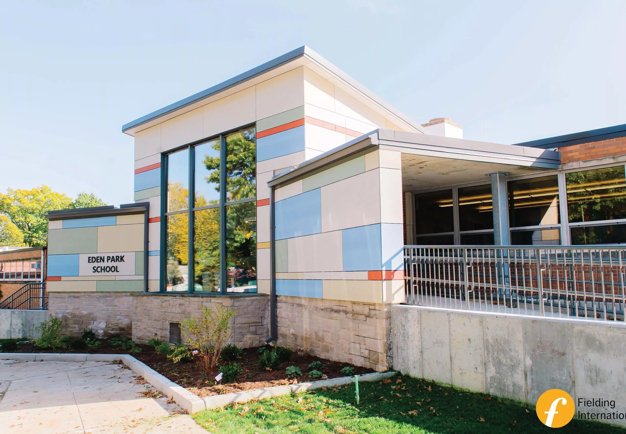 Exterior of Eden Park Elementary School with colorful tiles