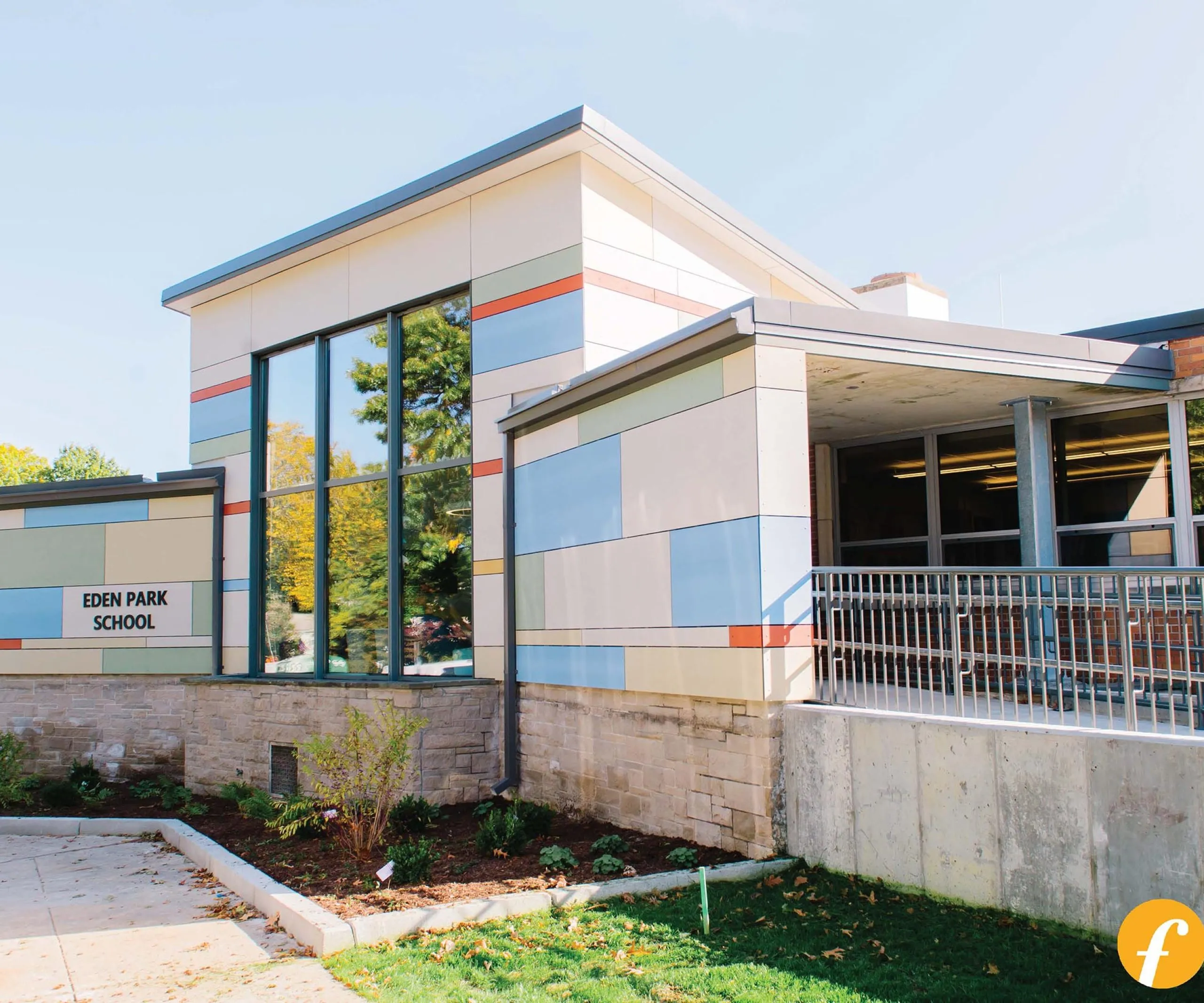 Exterior of Eden Park Elementary School with colorful tiles