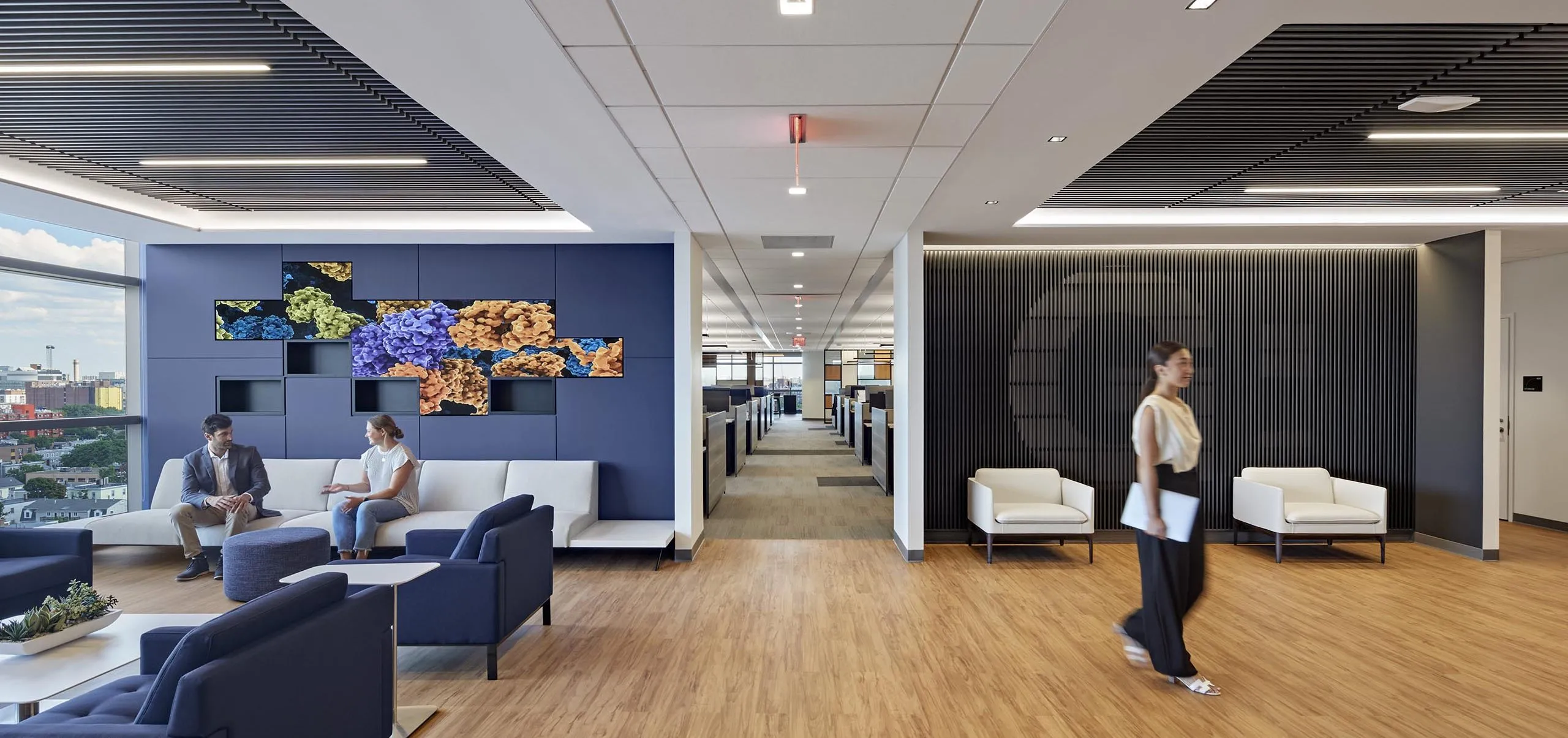 interior view of the office space lobby and lounge area