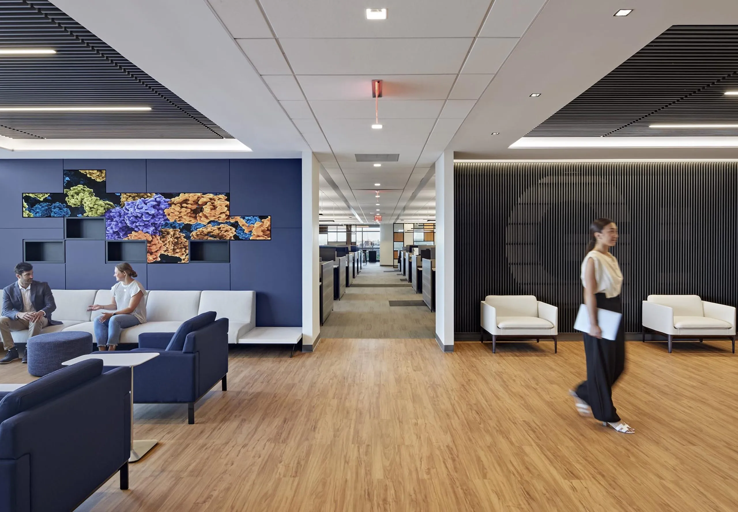 interior view of the office space lobby and lounge area