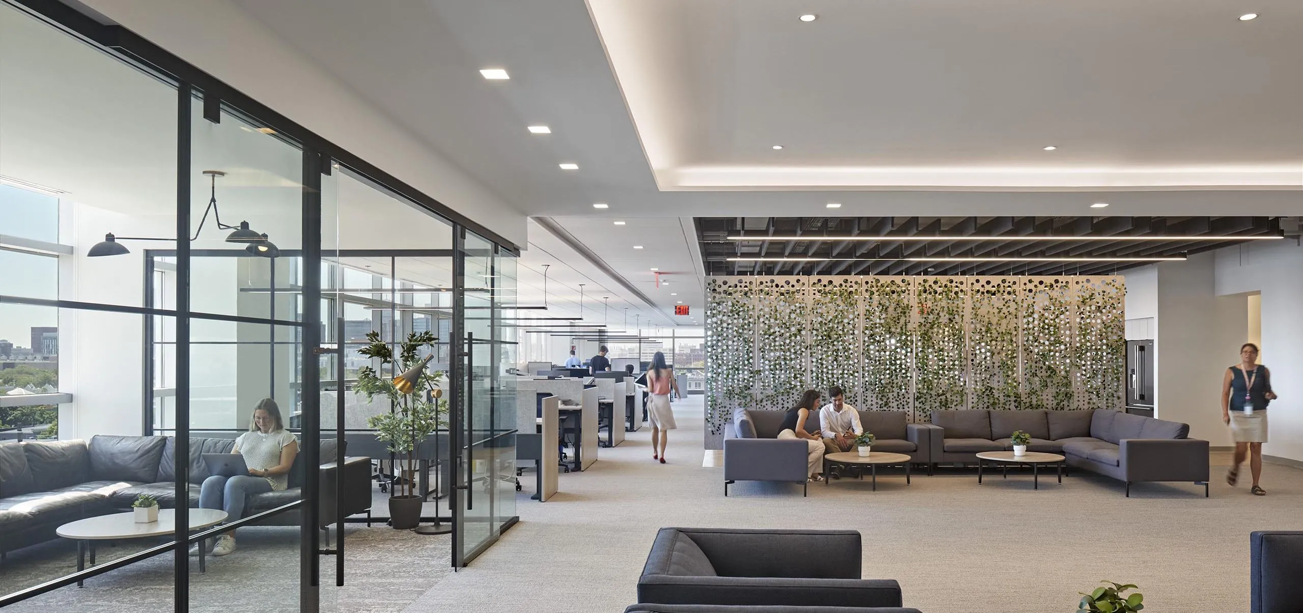 interior view of the office space lobby and lounge area