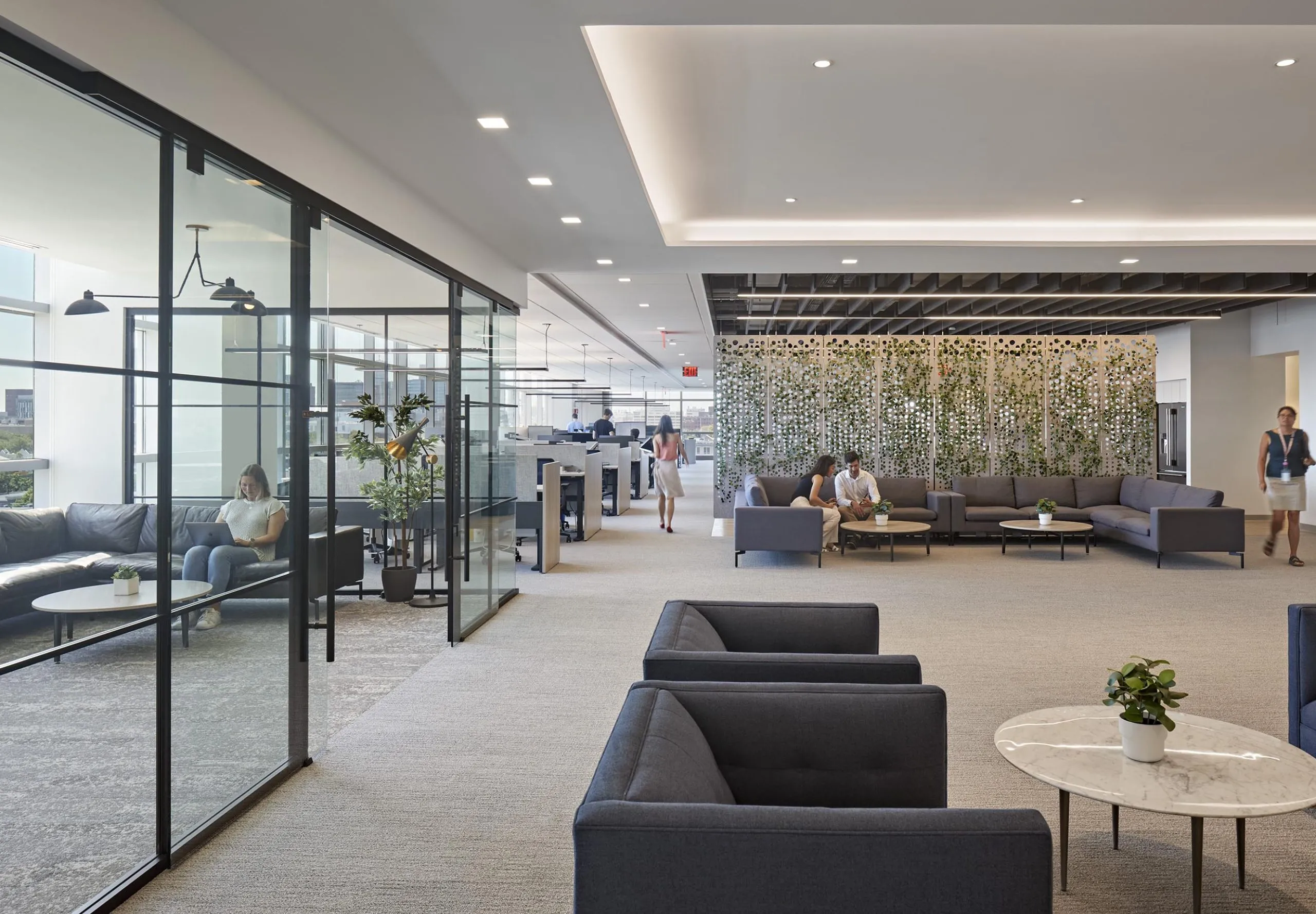 interior view of the office space lobby and lounge area