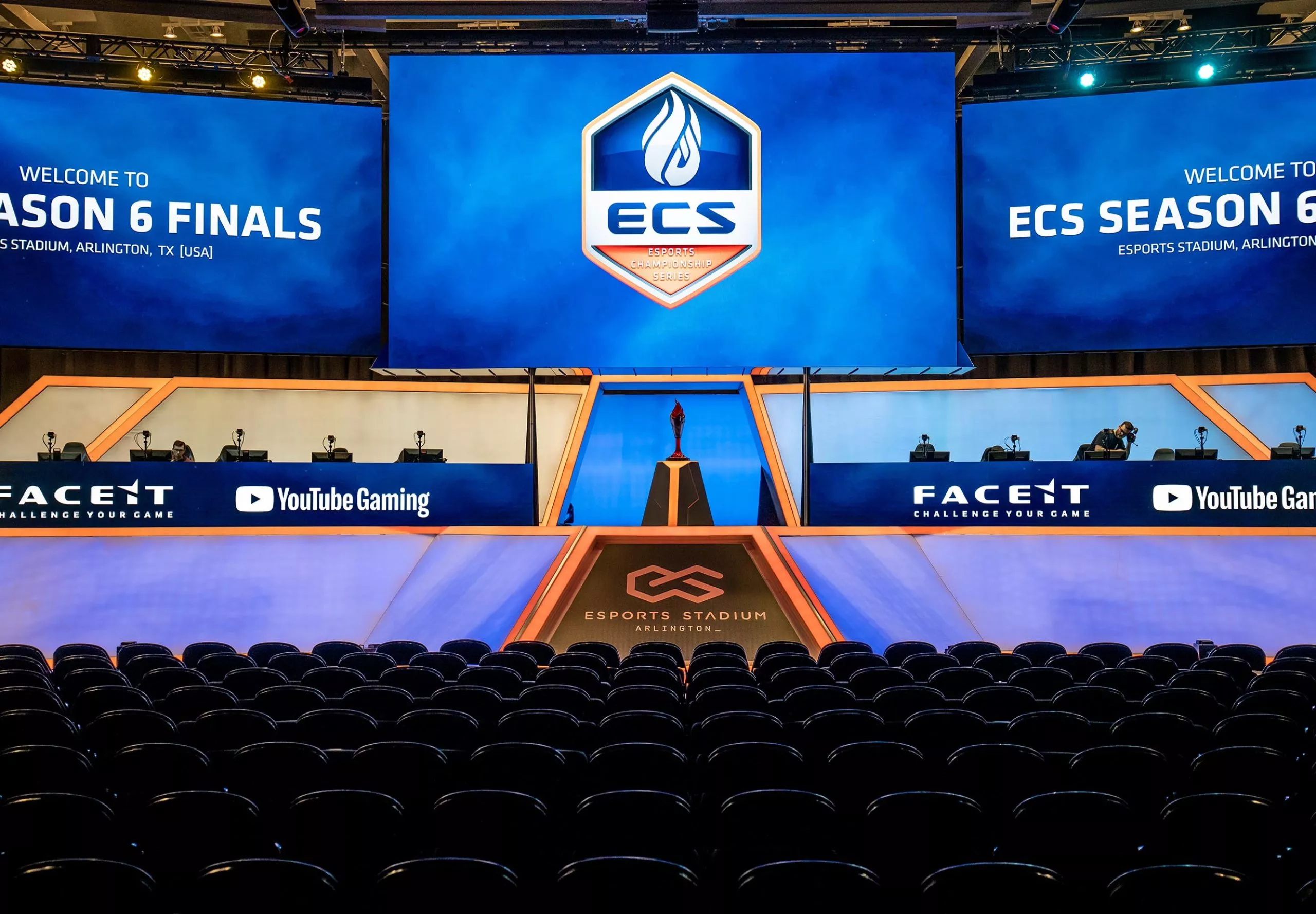 broadcast stage and large screens at Esports Stadium