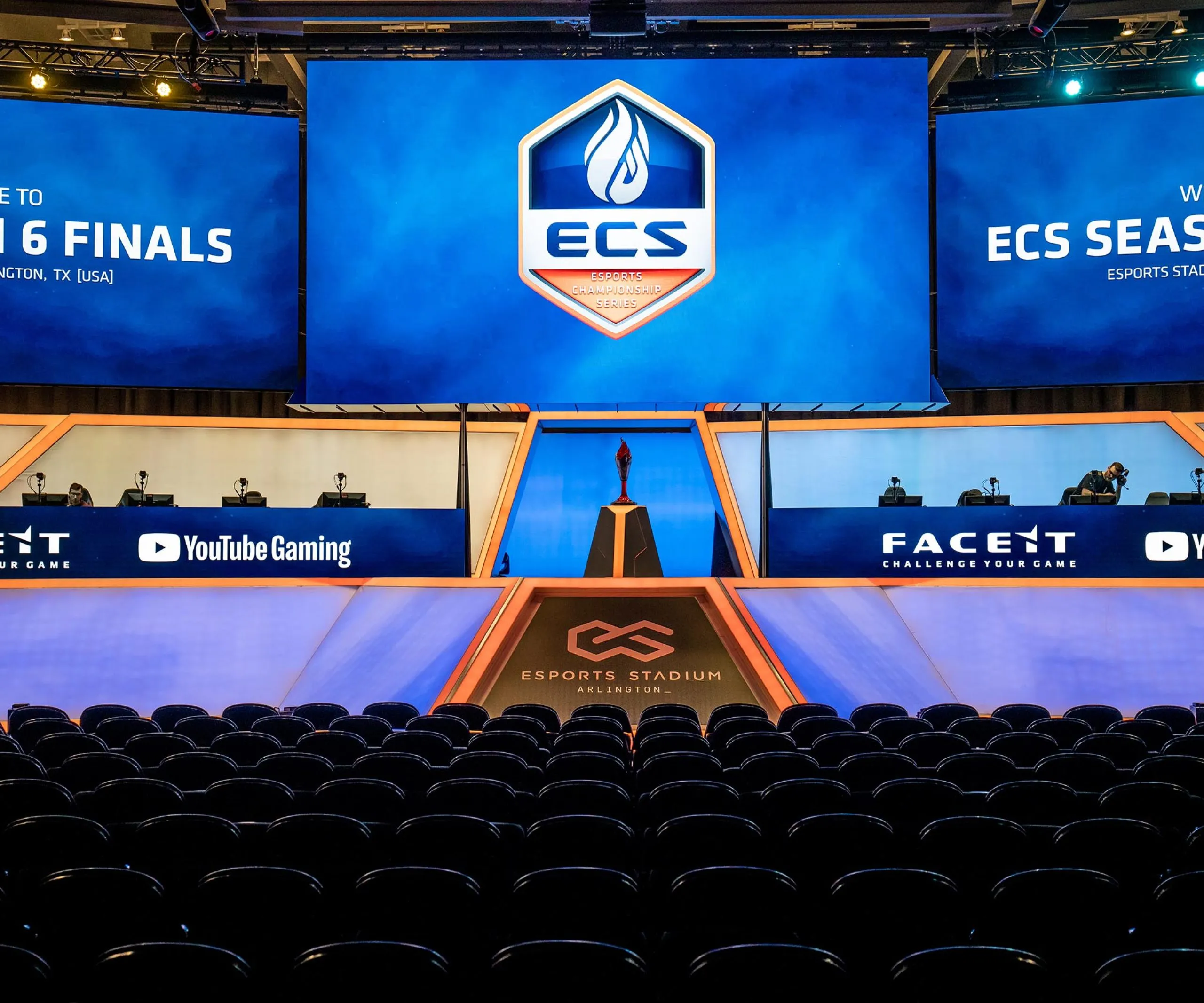 broadcast stage and large screens at Esports Stadium