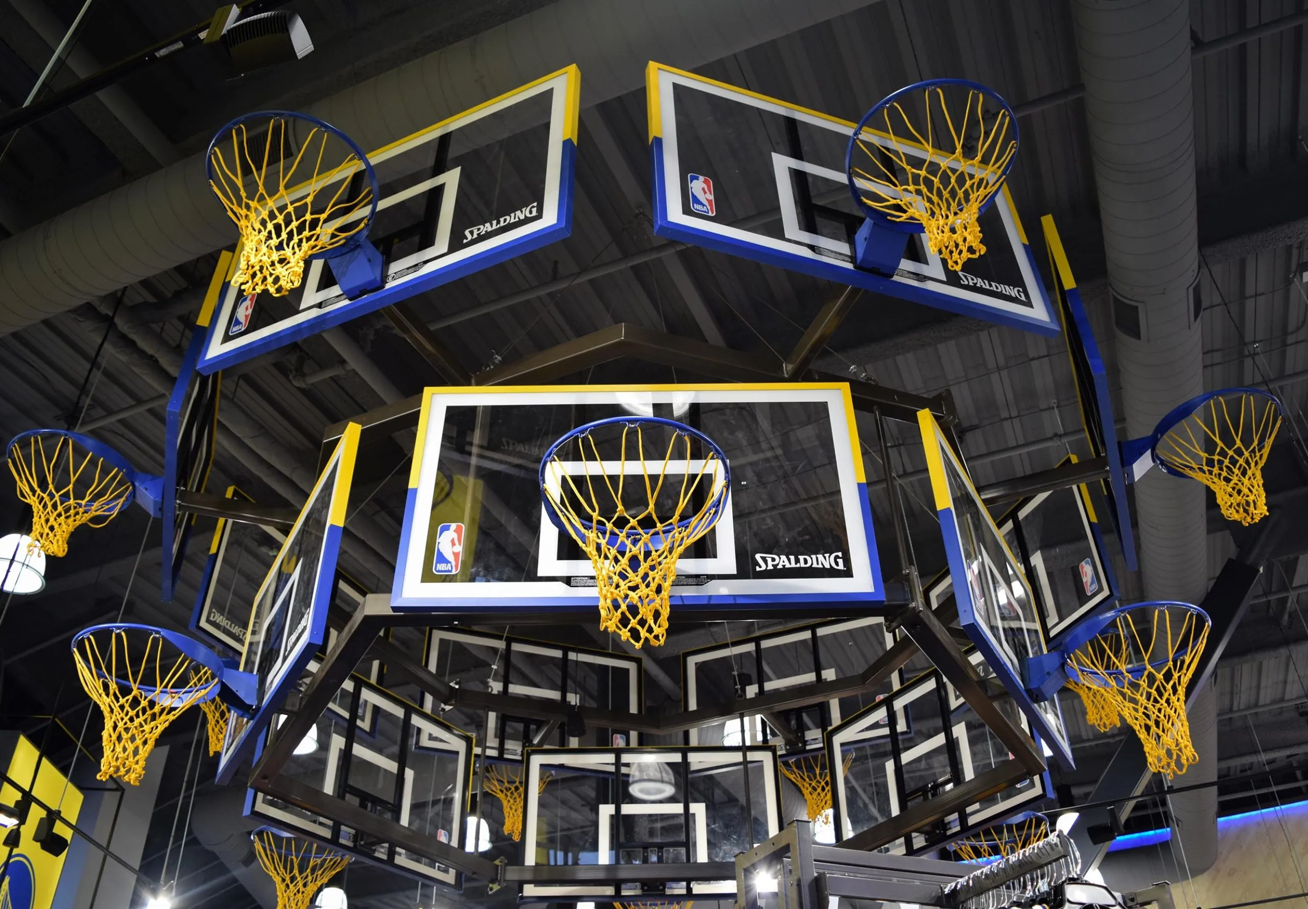 Basketball hoops in a circle