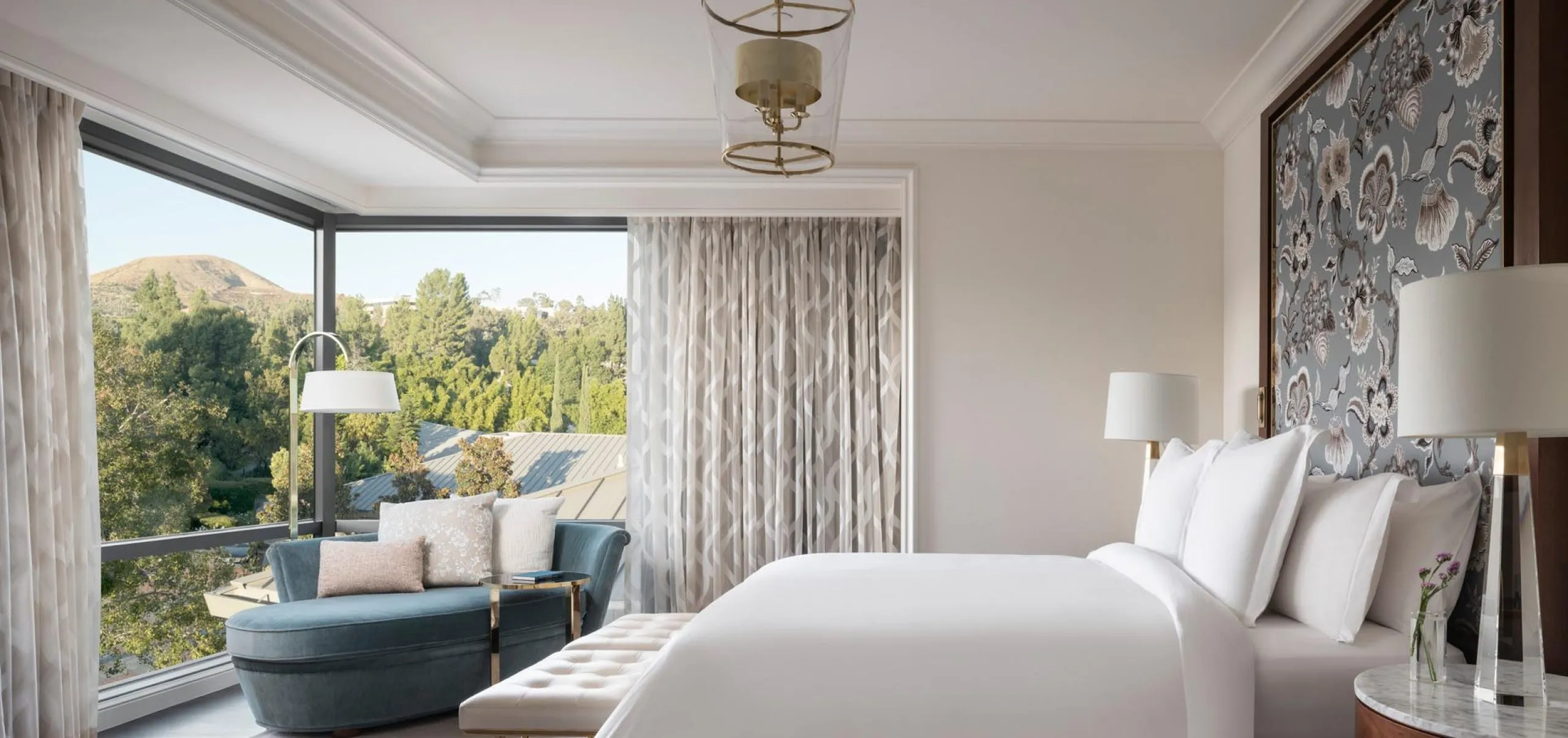 Interior view of a hotel room and bed at the Four Seasons Hotel Westlake Village