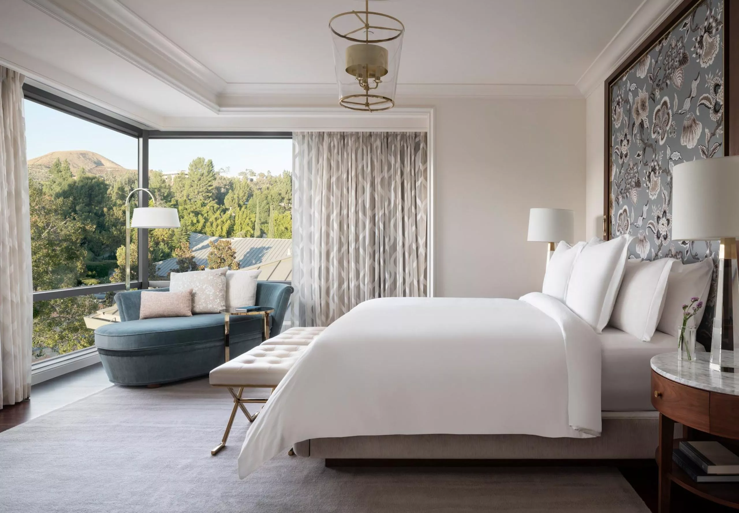 Interior view of a hotel room and bed at the Four Seasons Hotel Westlake Village