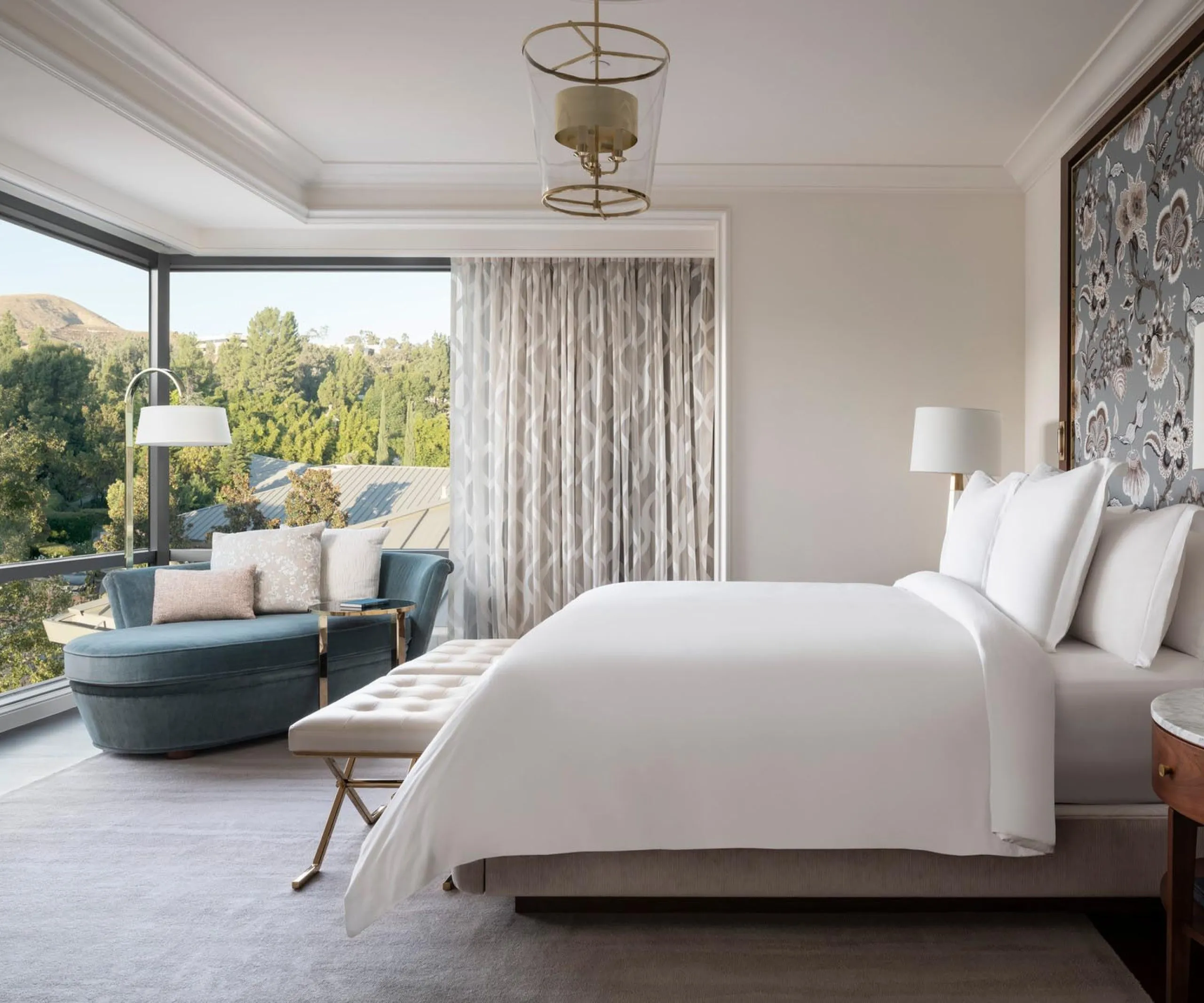 Interior view of a hotel room and bed at the Four Seasons Hotel Westlake Village