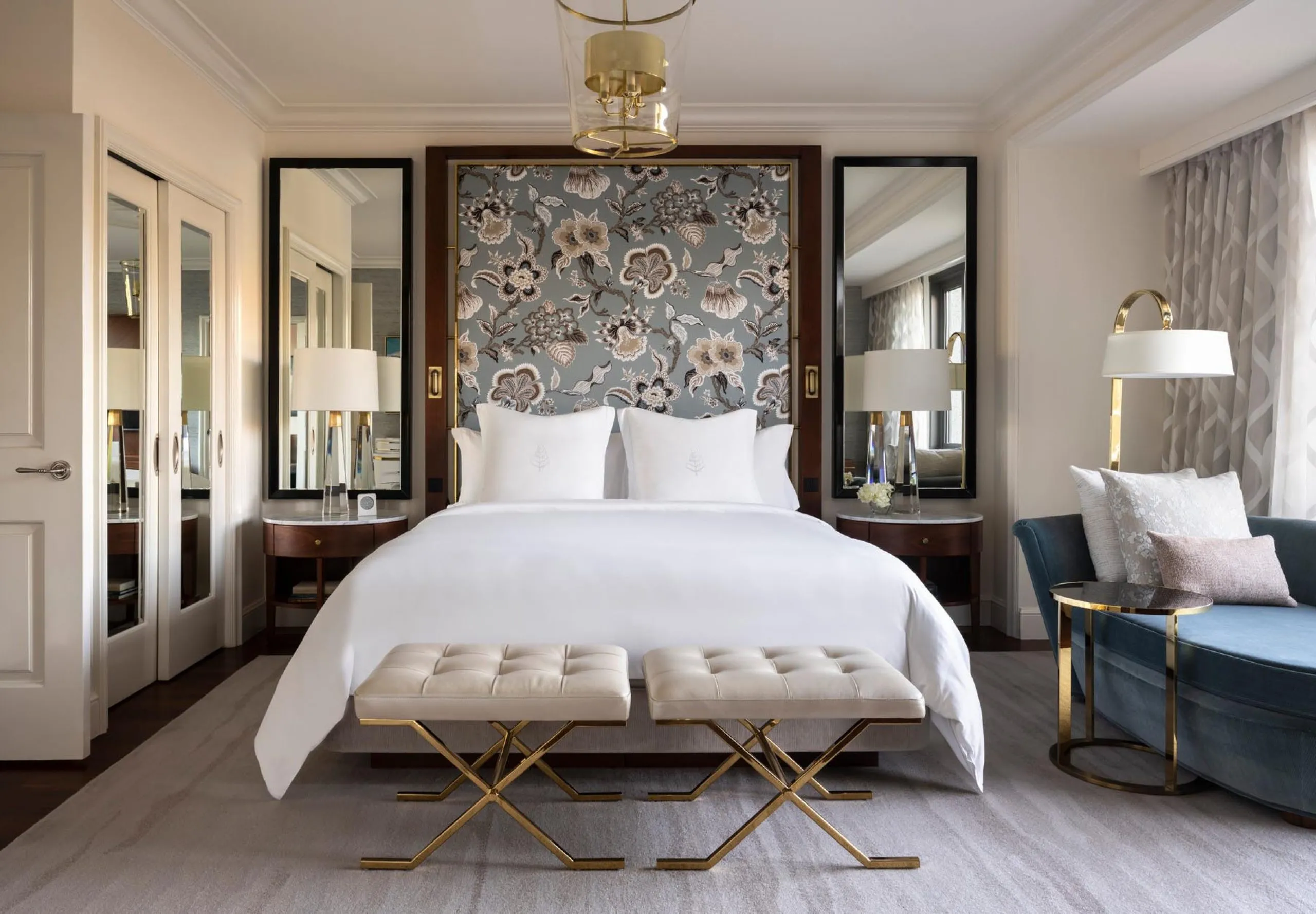 Interior view of a hotel room and bed at the Four Seasons Hotel Westlake Village