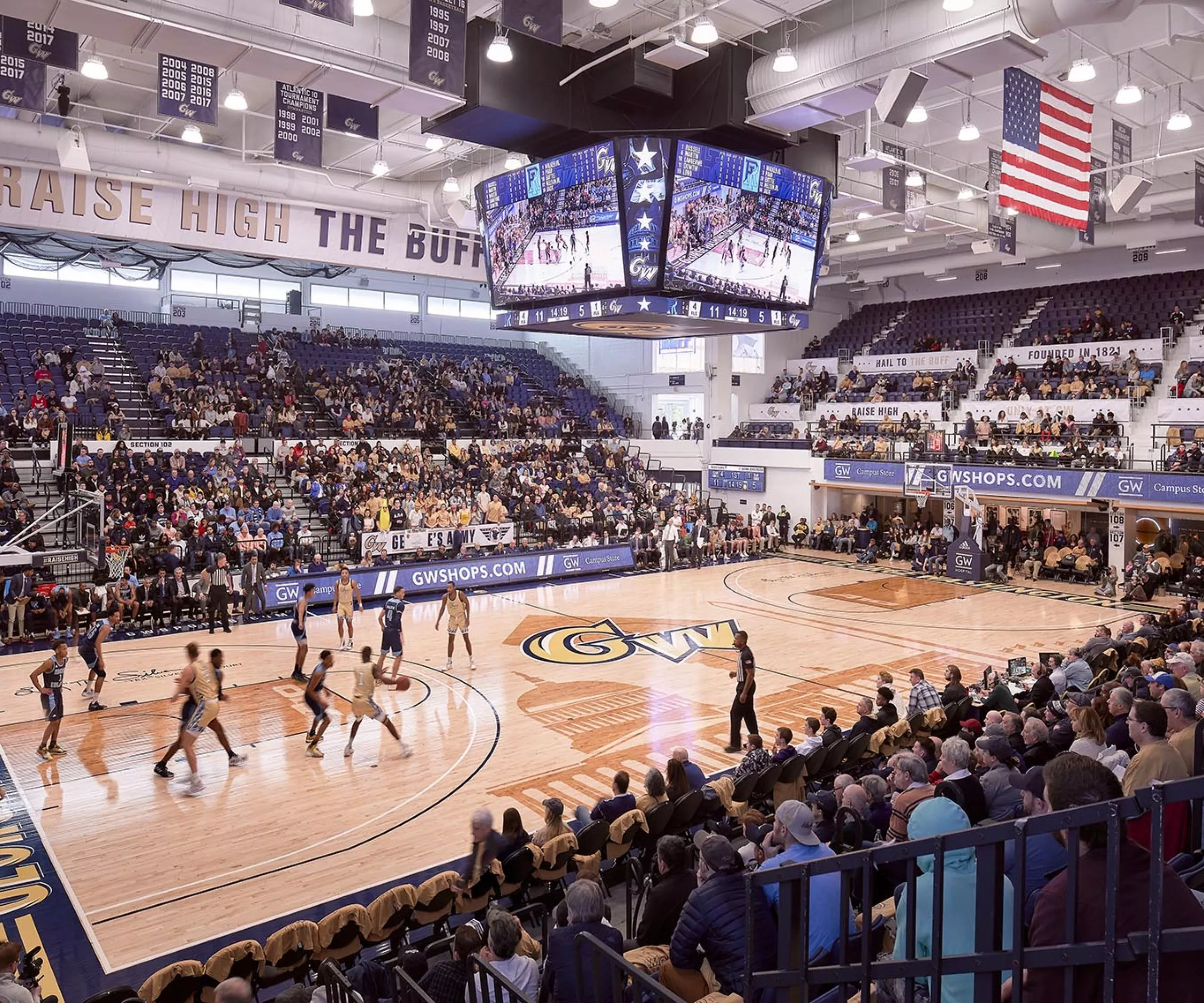 Basketball game with full stadium at Charles E. Smith Center