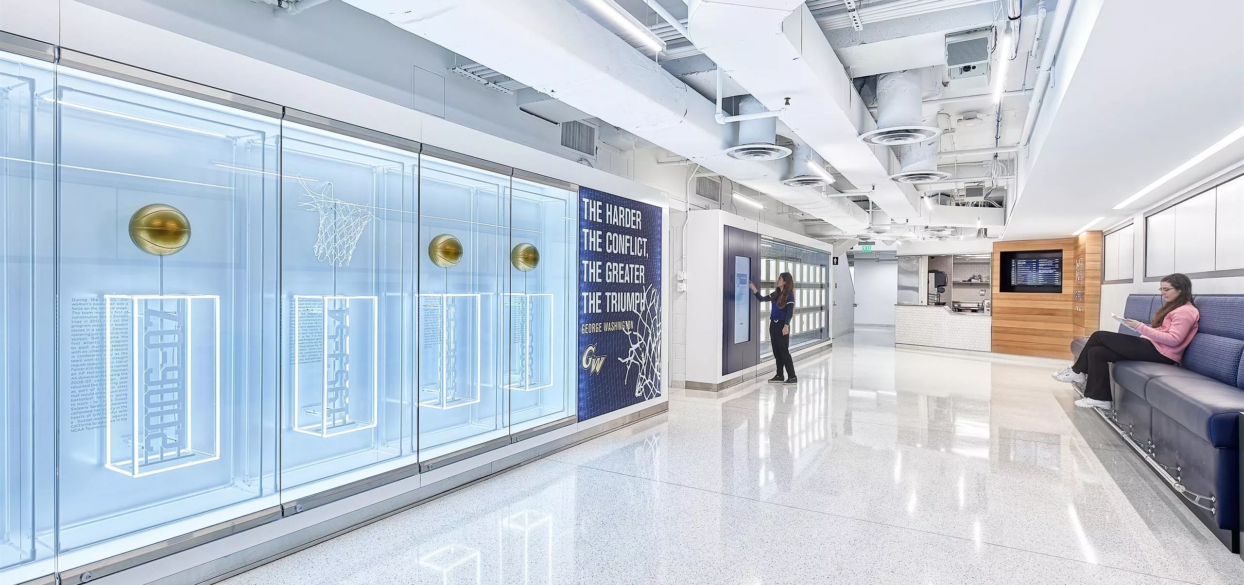 Display cases in walkway at Charles E. Smith Center