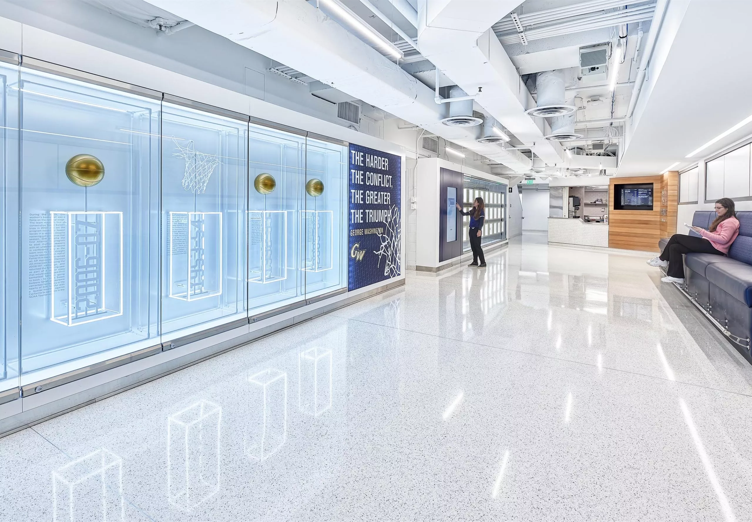 Display cases in walkway at Charles E. Smith Center