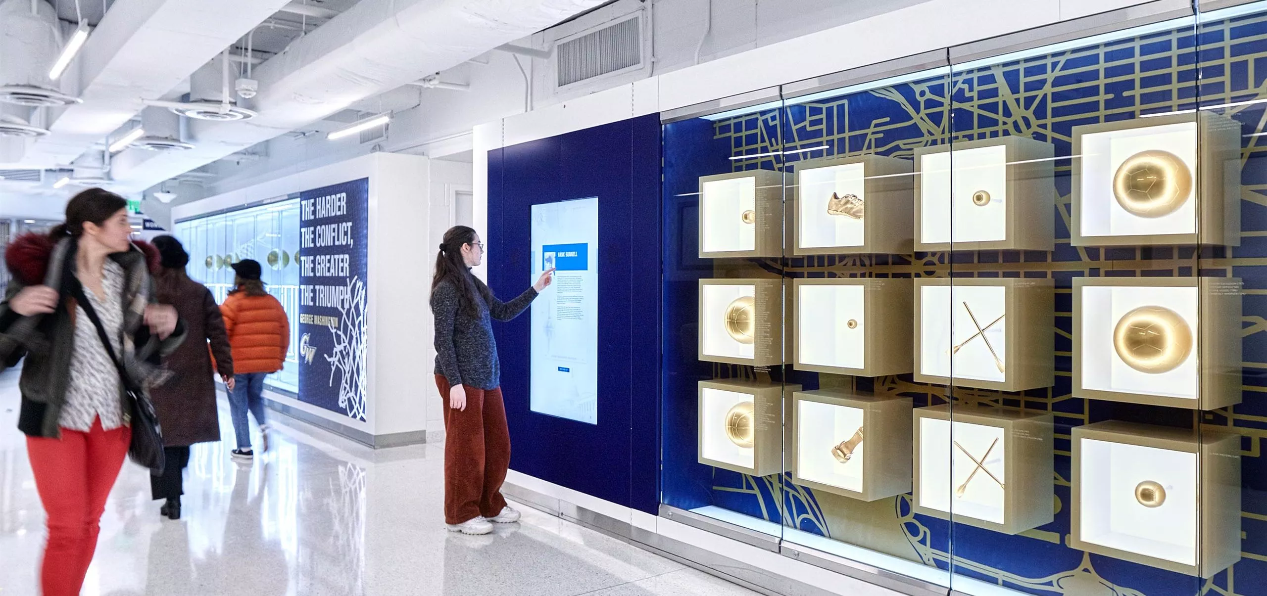 Display cases in walkway at Charles E. Smith Center