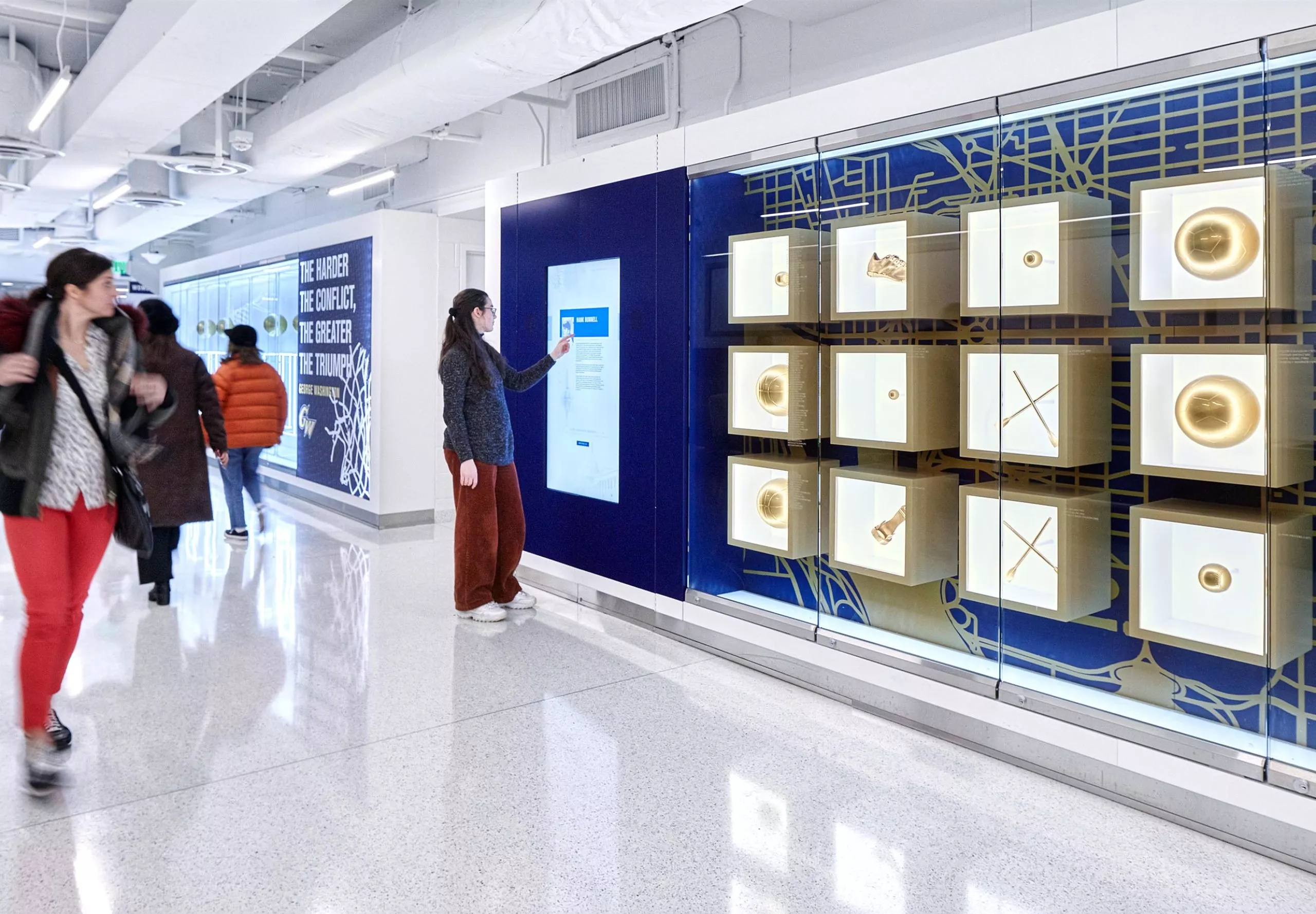 Display cases in walkway at Charles E. Smith Center