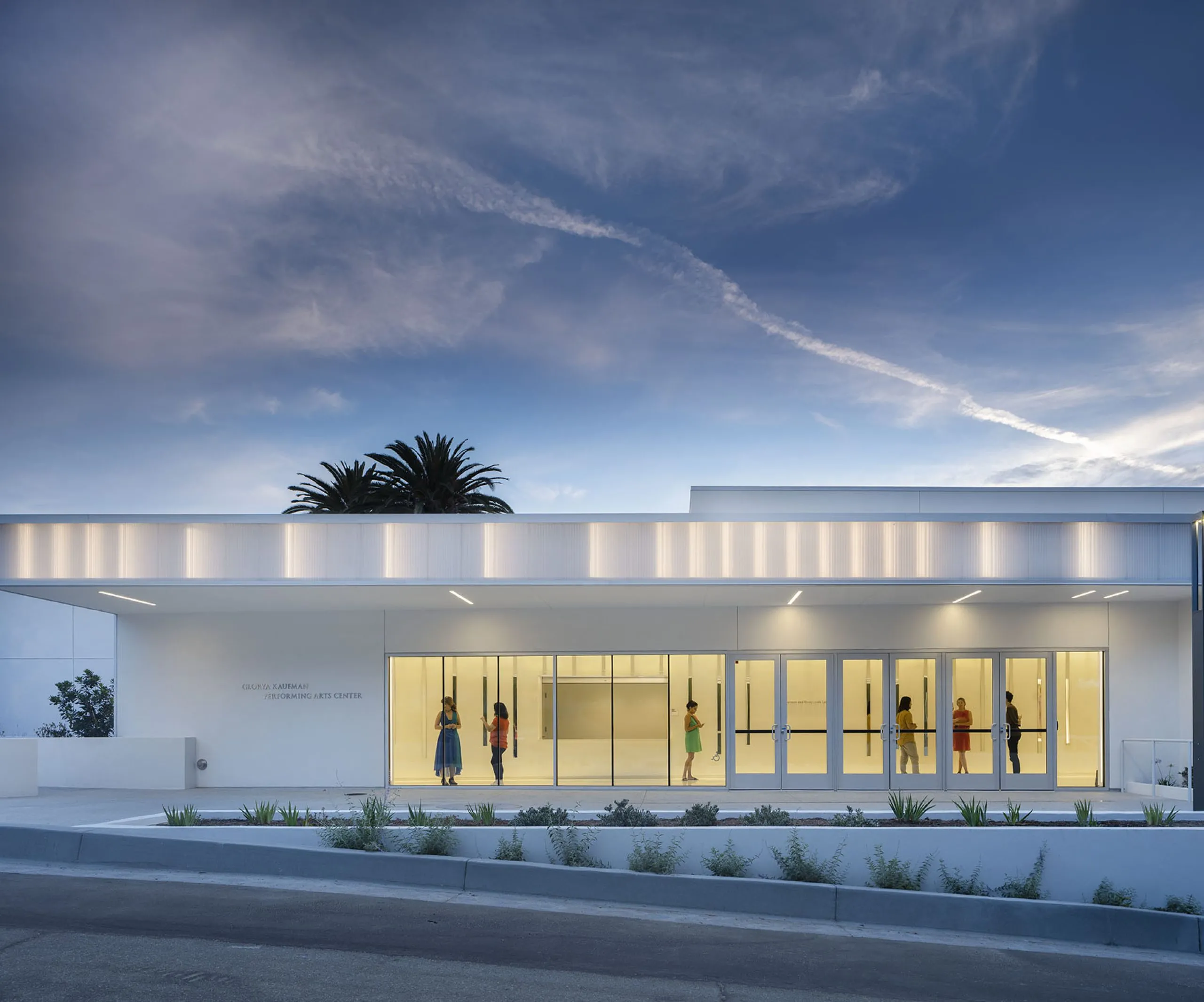 All white exterior of Glorya Kaufman Performing Arts Center