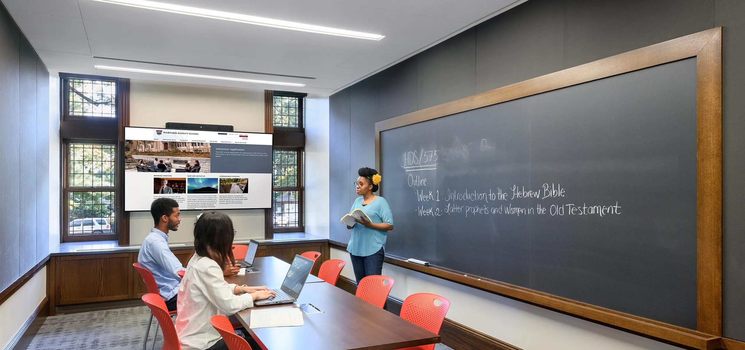 Small conference room with chalkboards in Harvard Divinity School – Swartz Hall