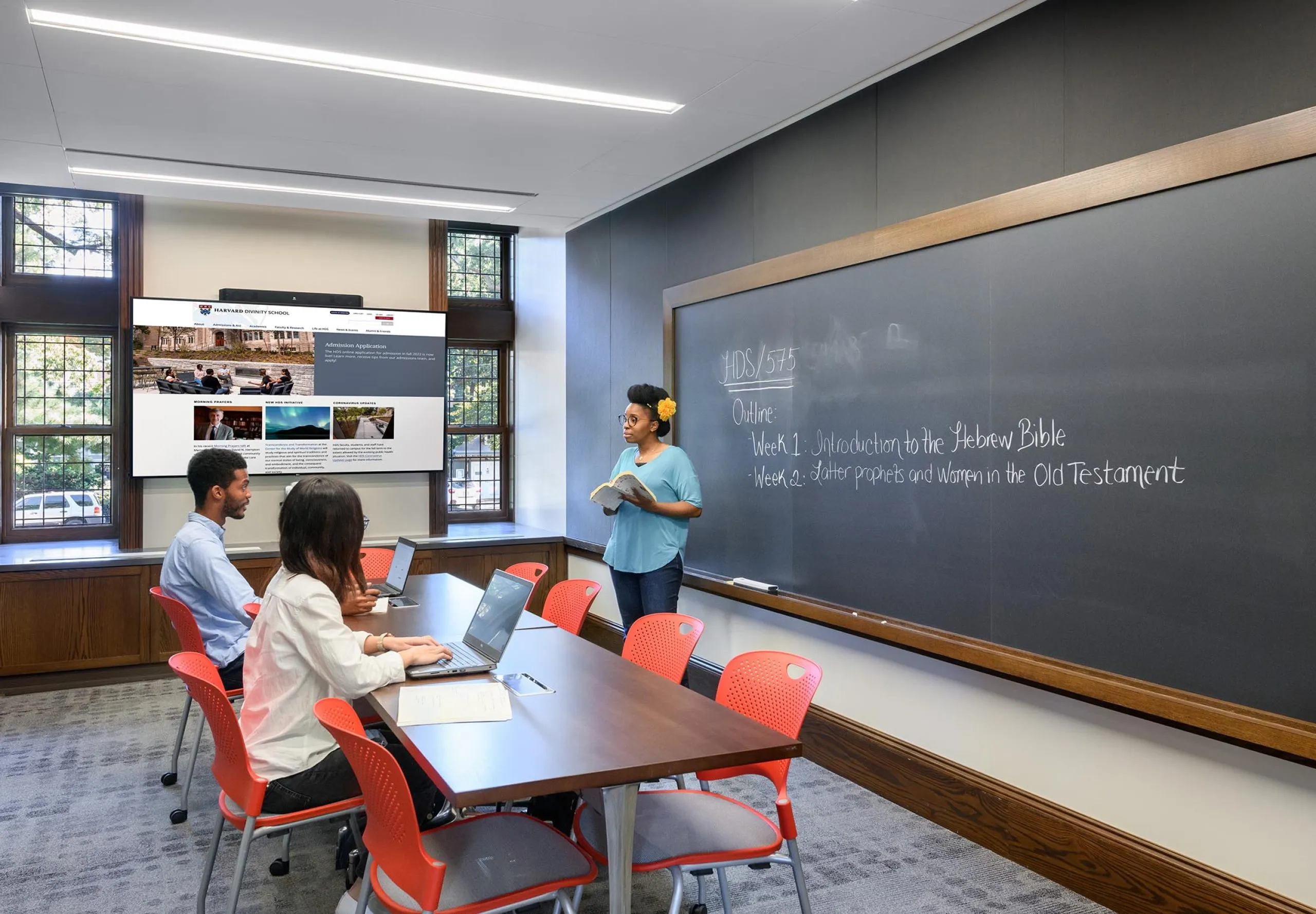 Small conference room with chalkboards in Harvard Divinity School – Swartz Hall