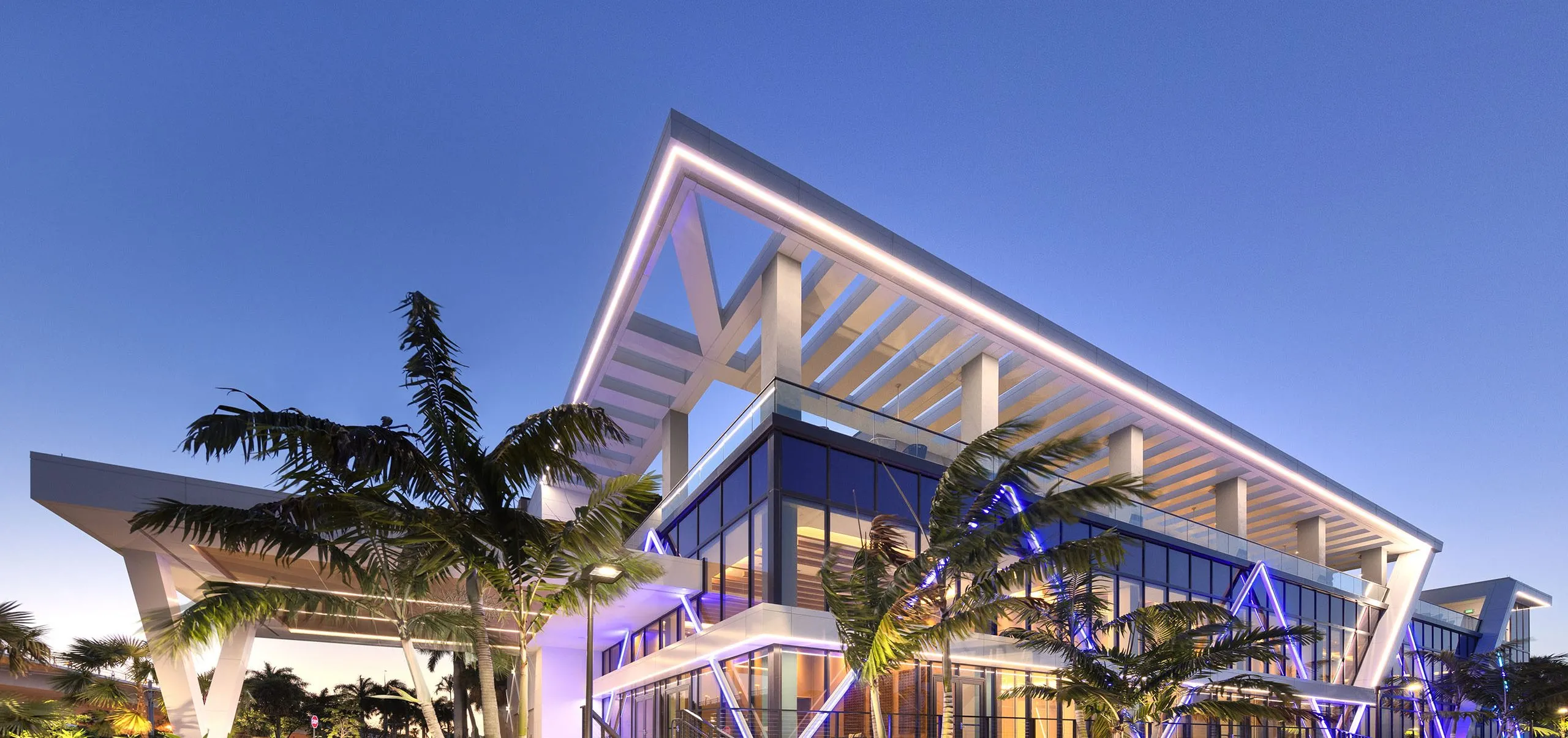 Exterior view of the Hilton Fort Lauderdale Marina Event Center at dusk