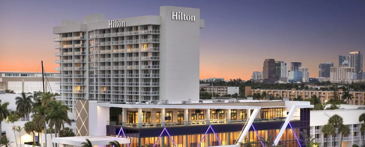 Exterior view of the Hilton Fort Lauderdale Marina Event Center at dusk