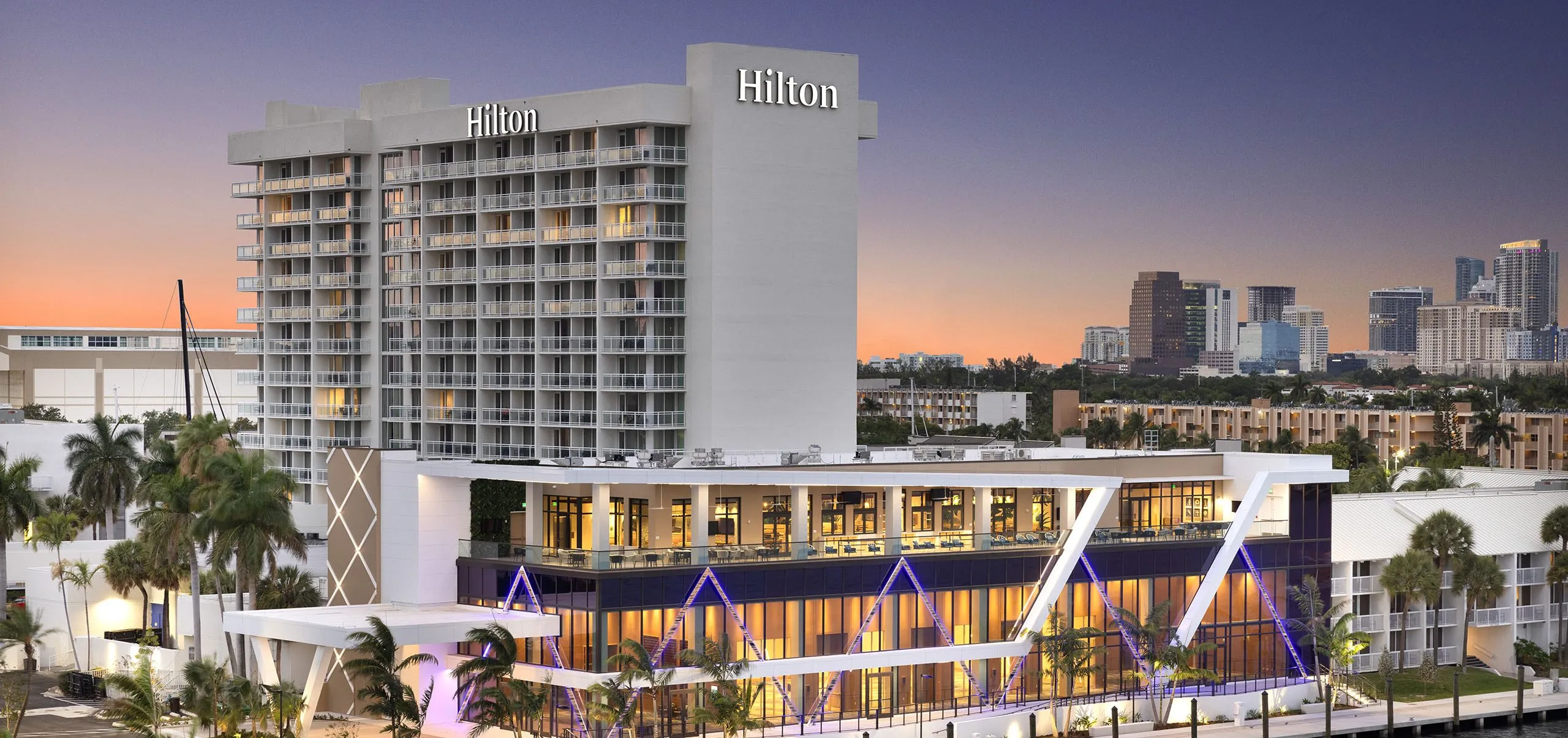 Exterior view of the Hilton Fort Lauderdale Marina Event Center at dusk