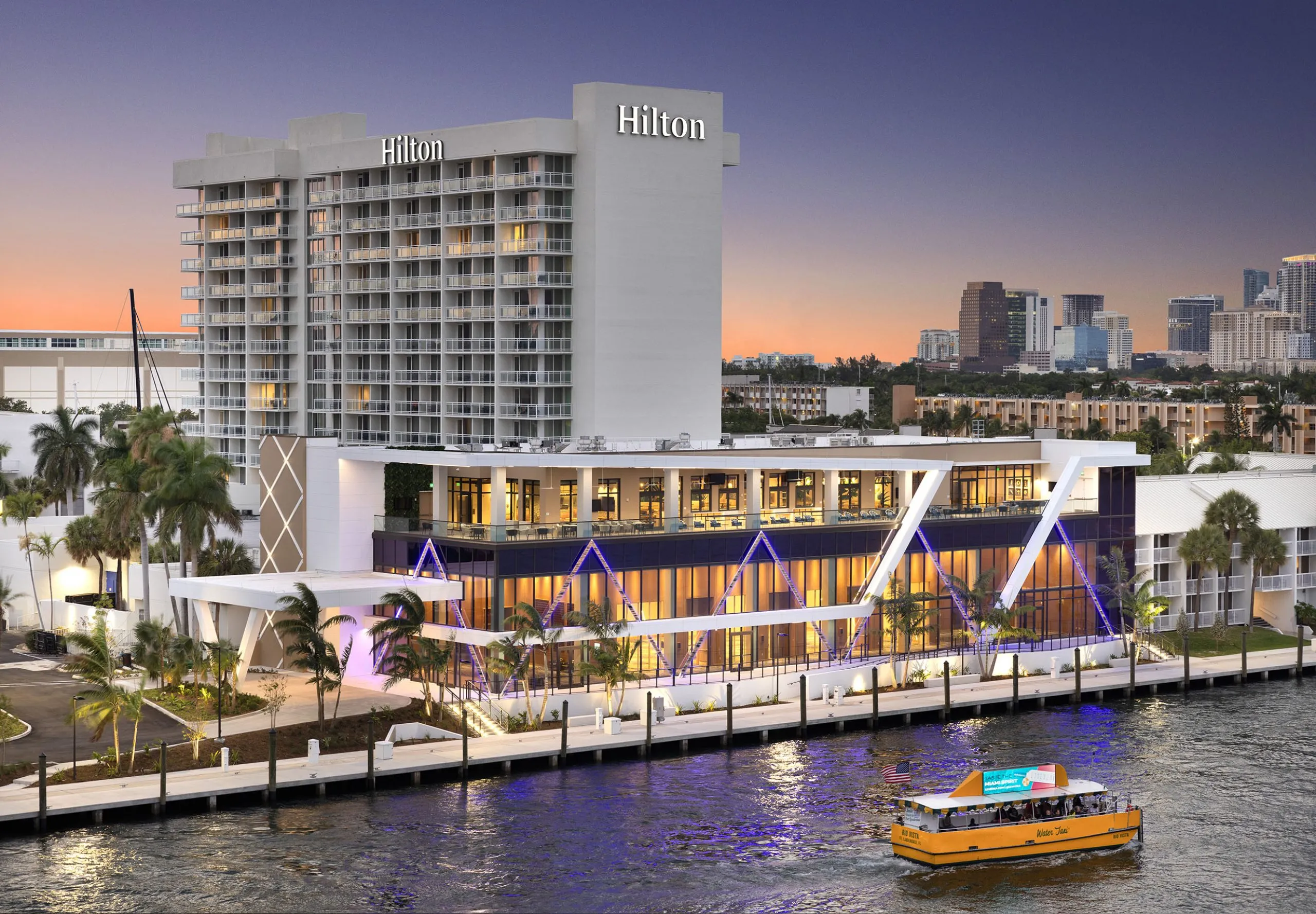 Exterior view of the Hilton Fort Lauderdale Marina Event Center at dusk