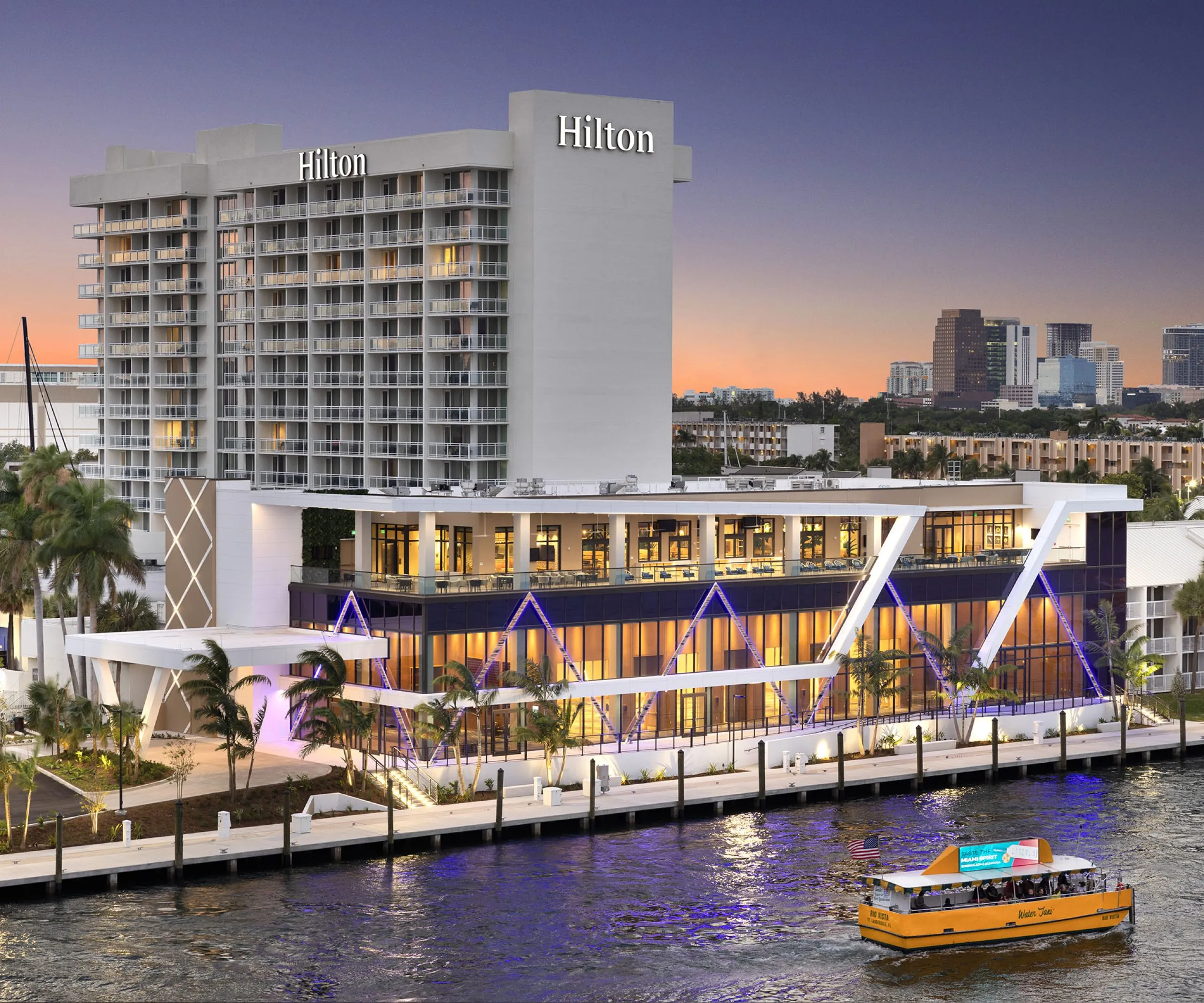 Exterior view of the Hilton Fort Lauderdale Marina Event Center at dusk