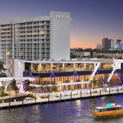 Exterior view of the Hilton Fort Lauderdale Marina Event Center at dusk