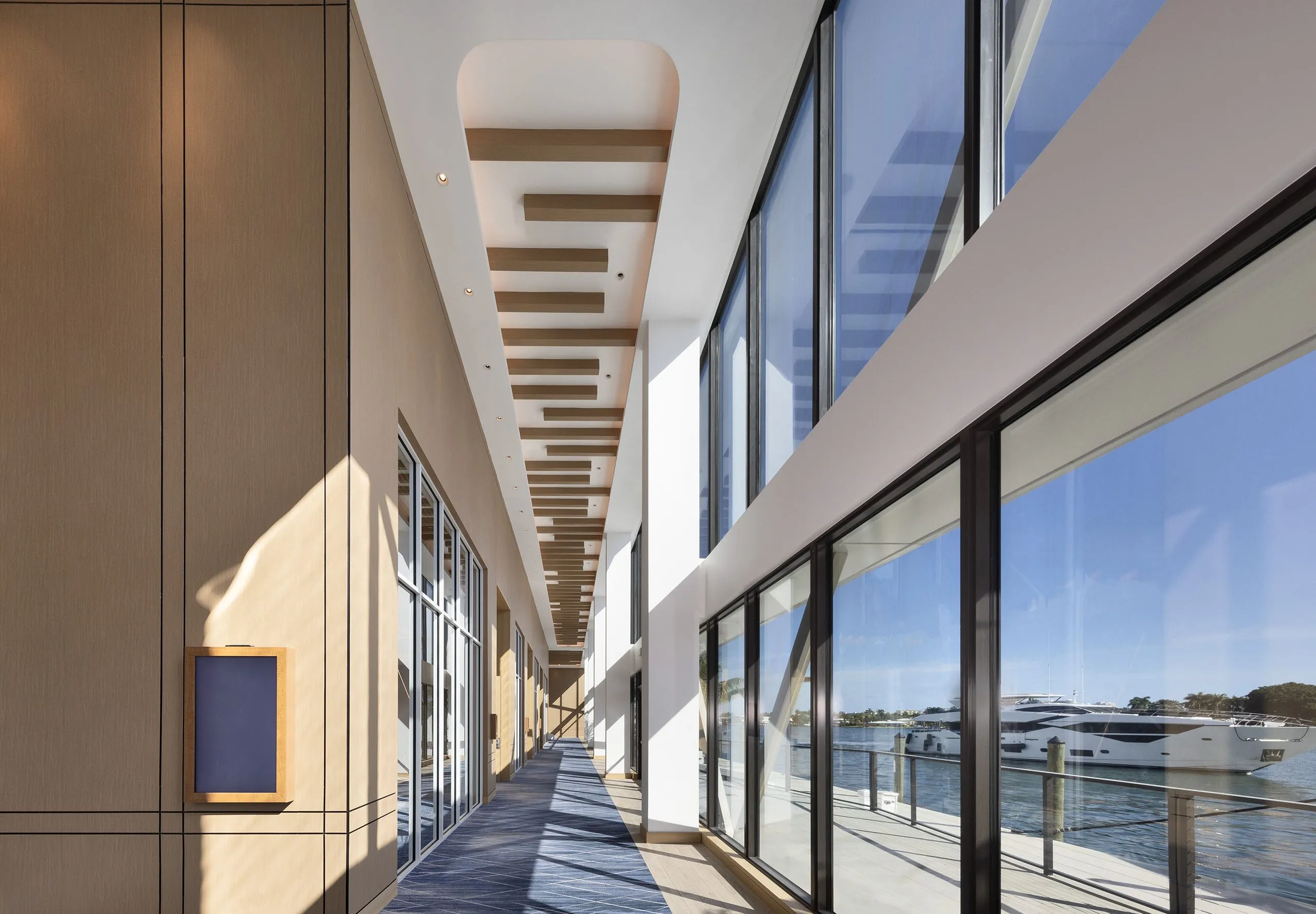 Interior view of a hallway and windows at the Hilton Fort Lauderdale Marina Event Center