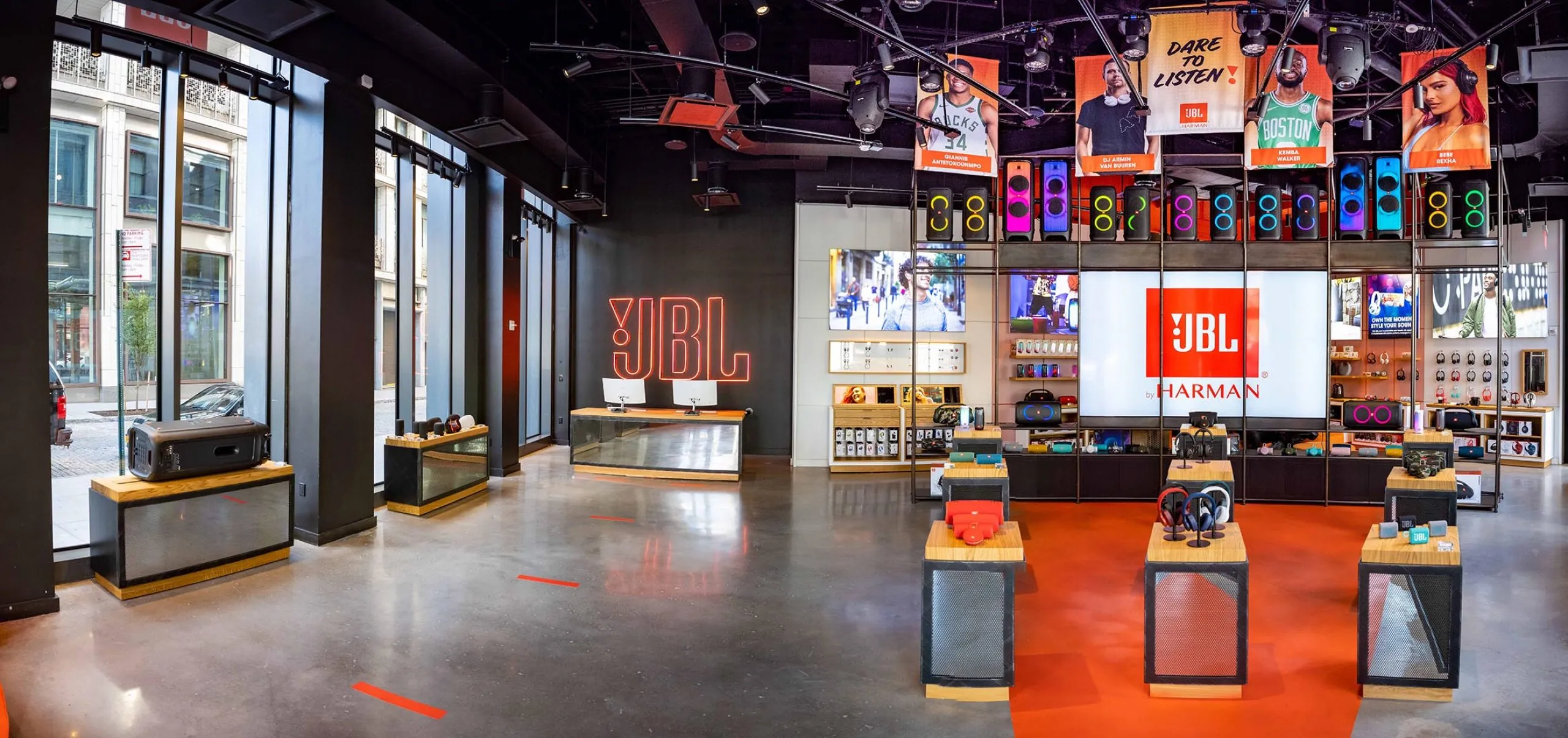 interior retail display with headphones at JBL