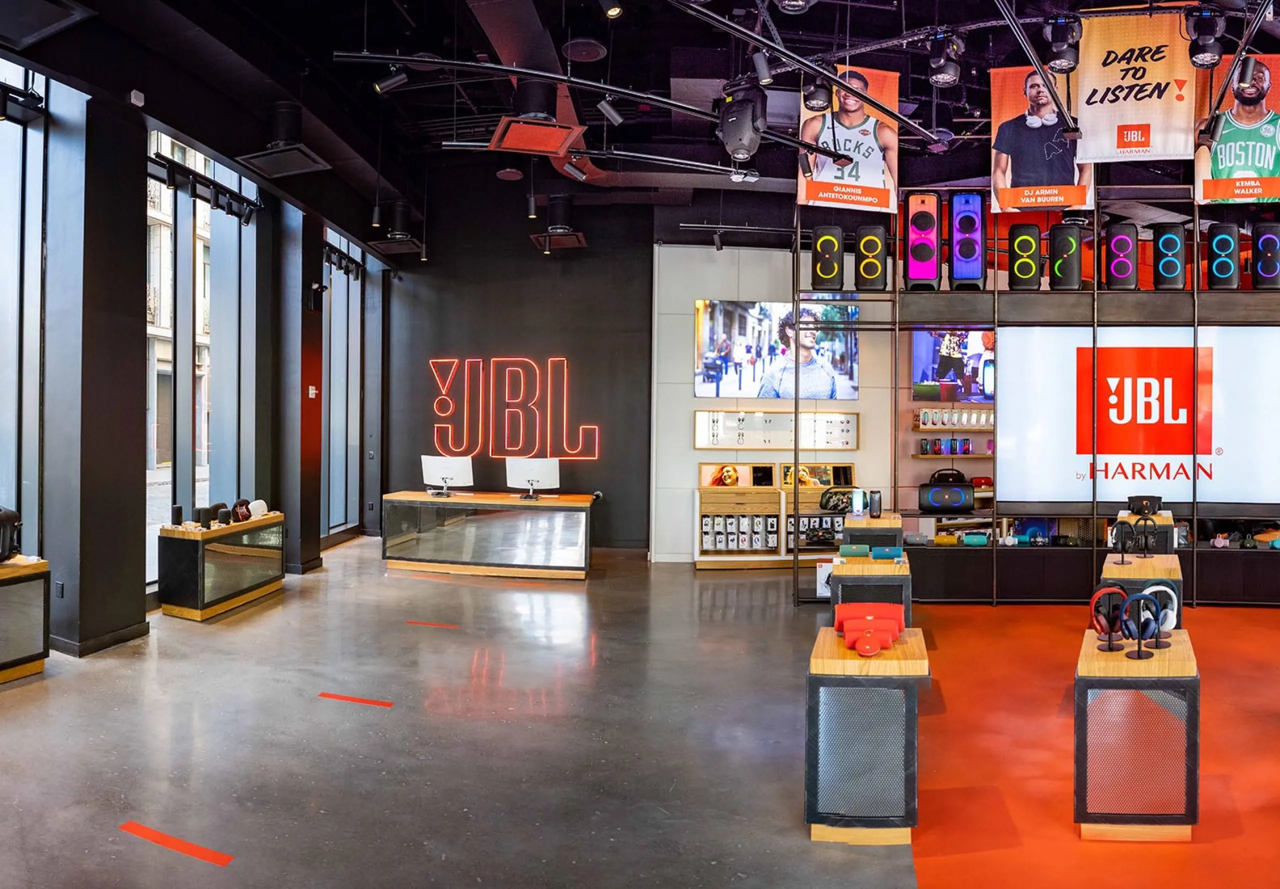 interior retail display with headphones at JBL