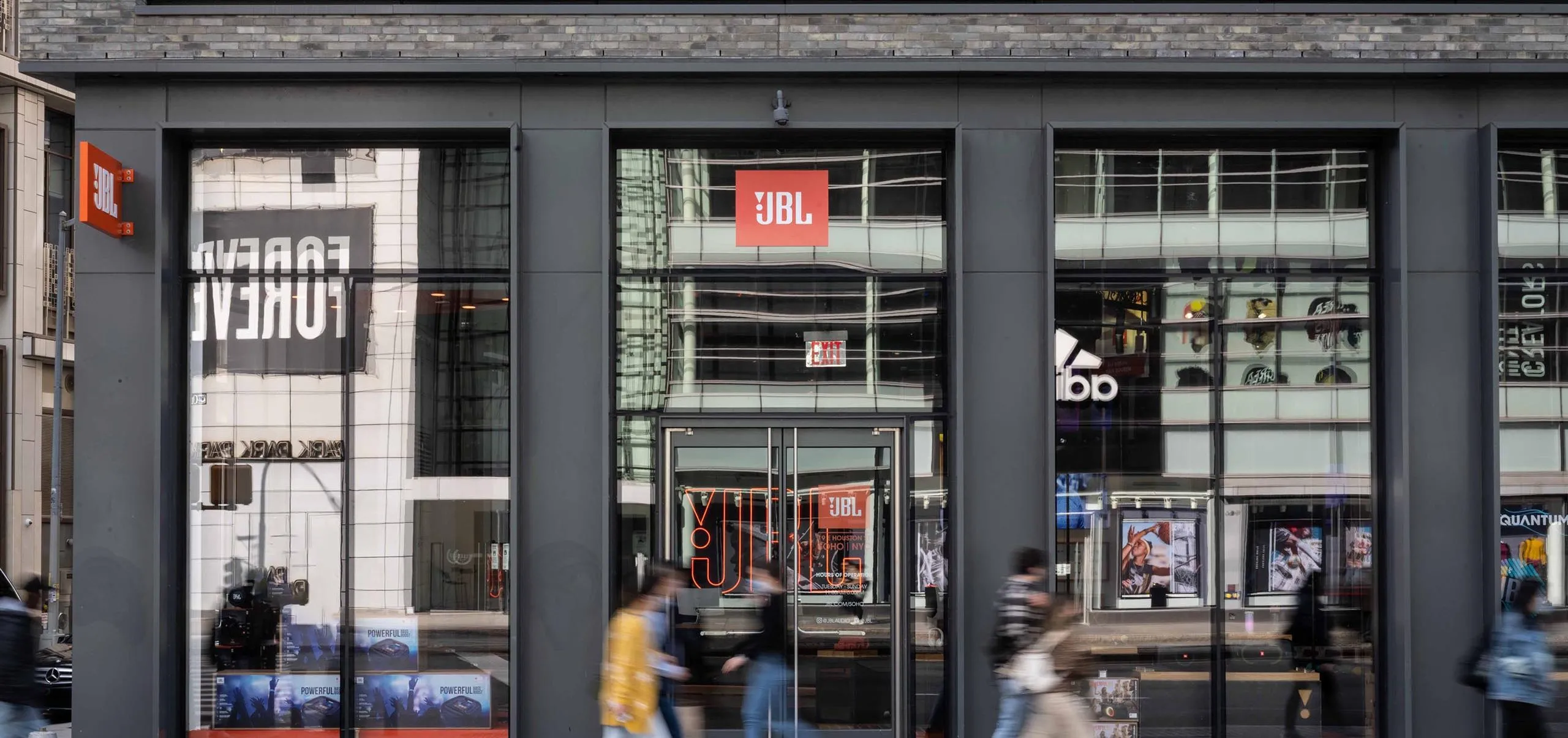 exterior view of the front doors of JBL