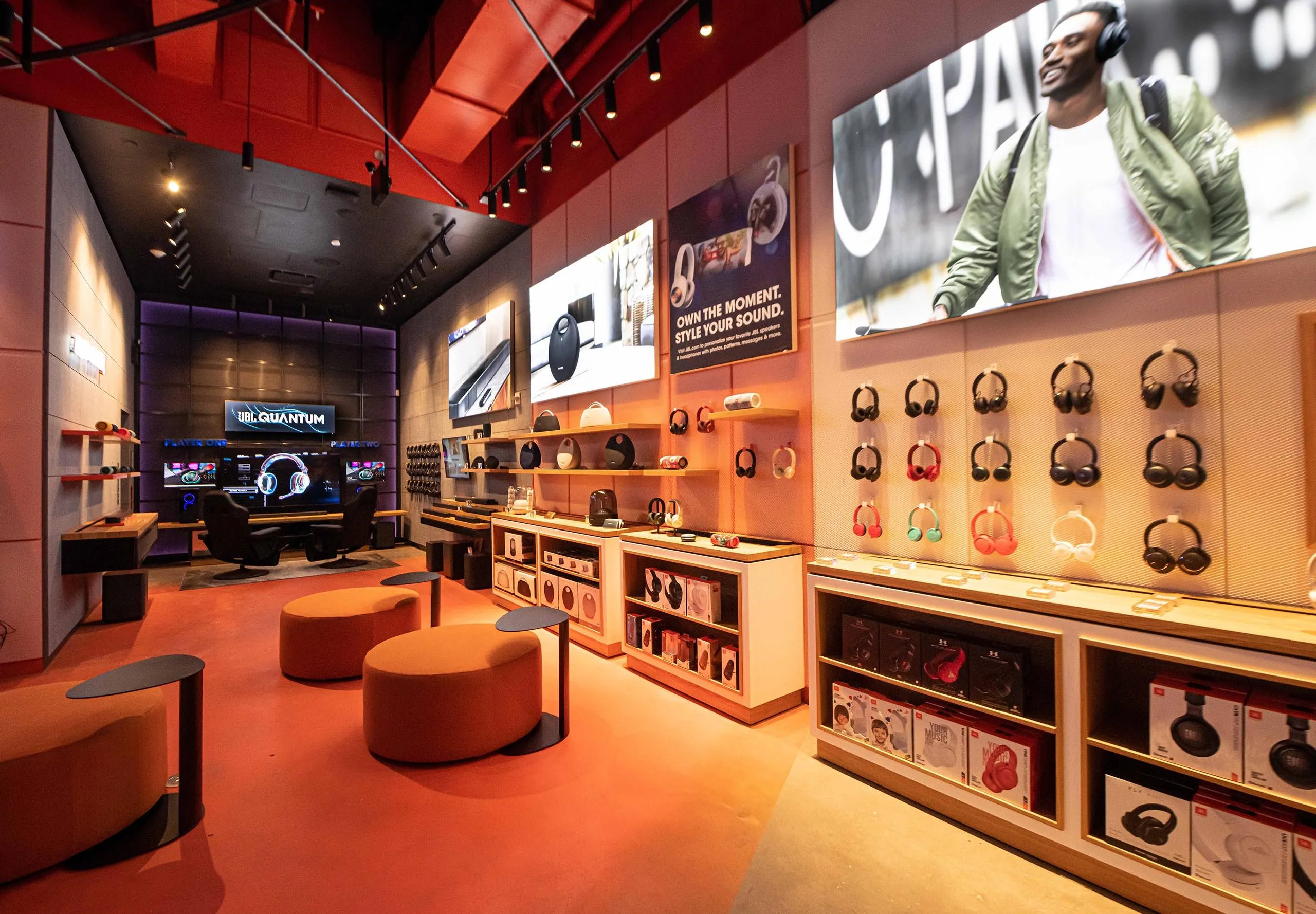 interior retail display with headphones at JBL