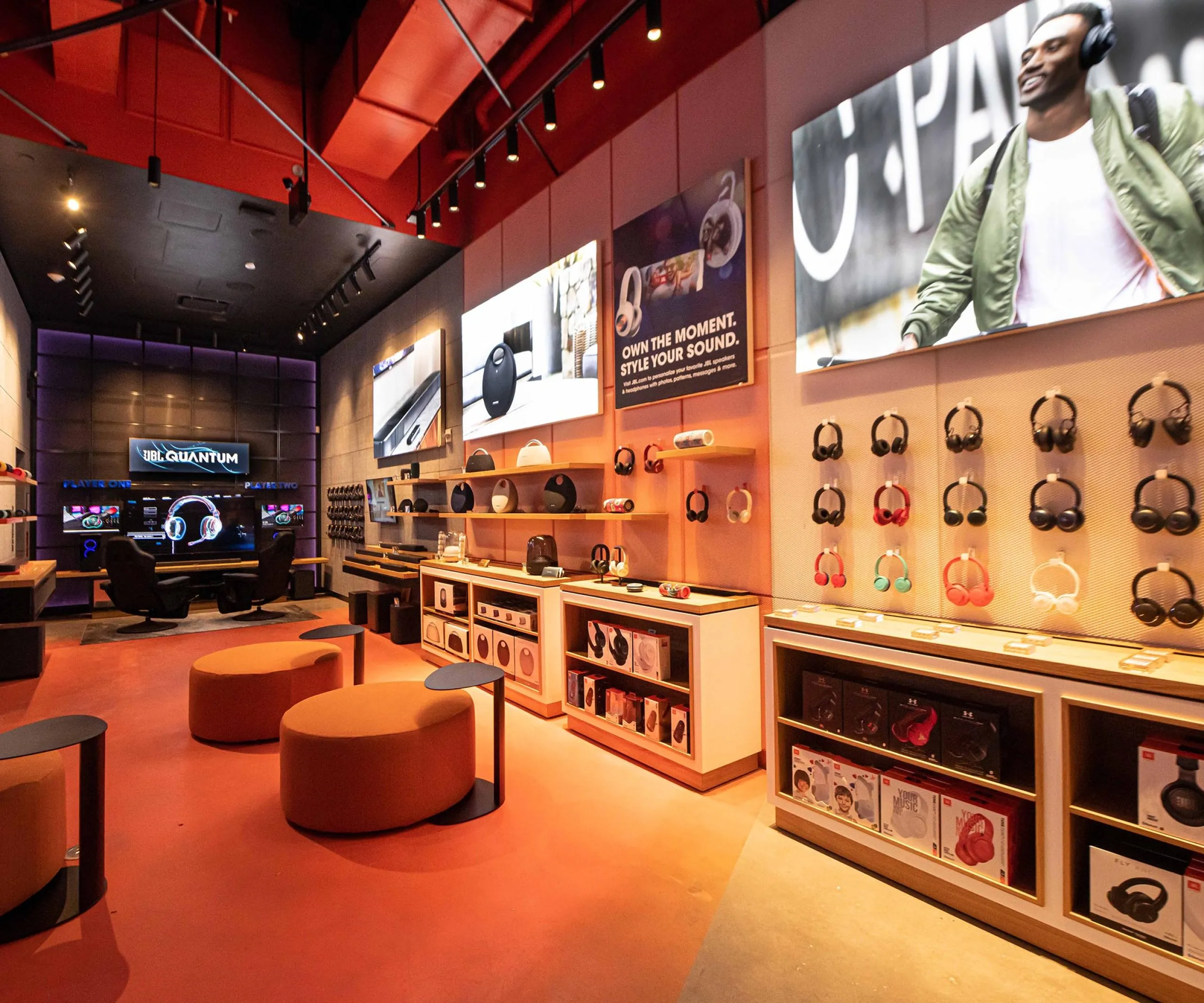 interior retail display with headphones at JBL