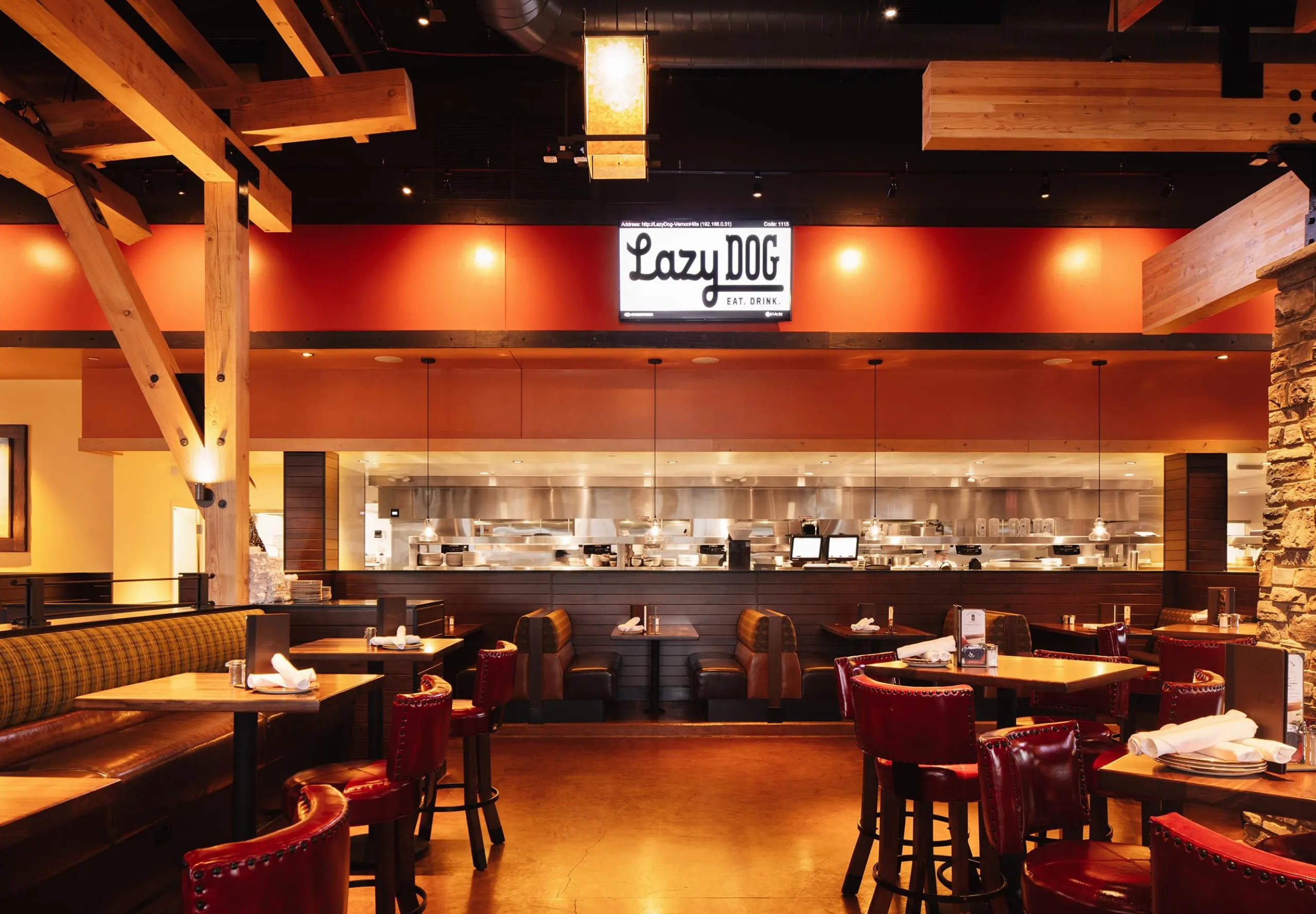 Interior view of Lazy Dog restaurant dining room and kitchen