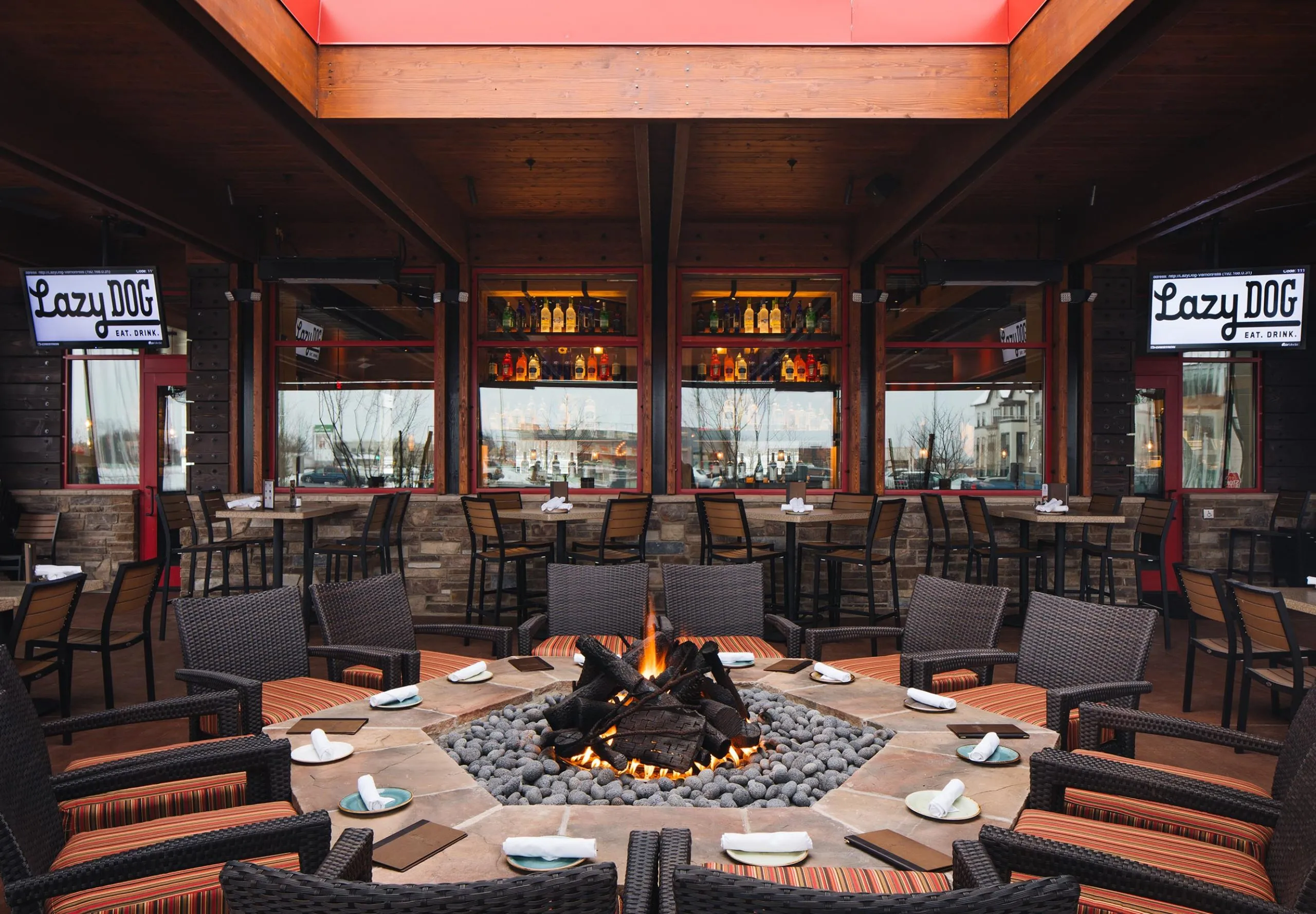 Exterior view of the Lazy Dog restaurant patio