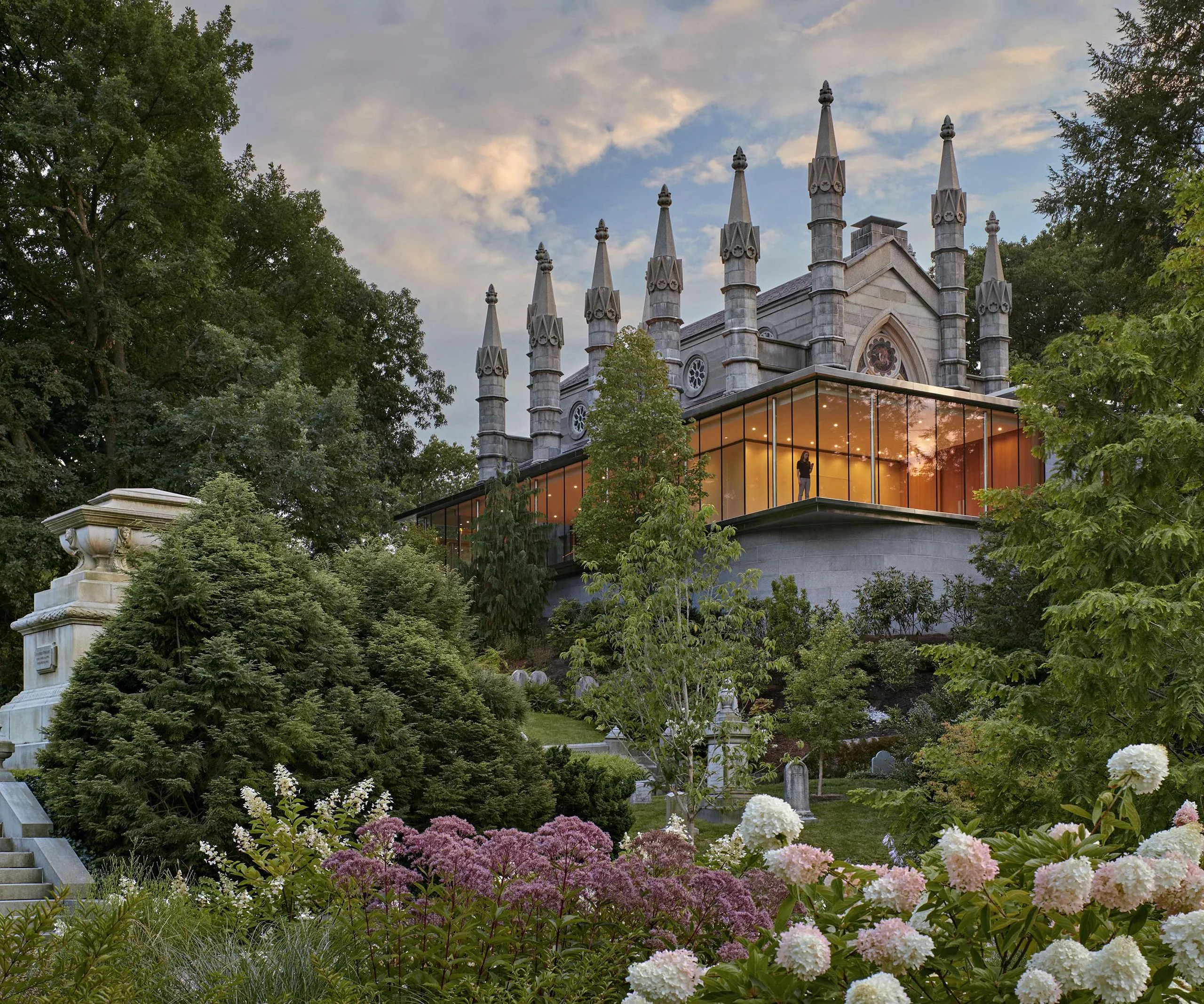 Garden and exterior view of Bigelow Chapel