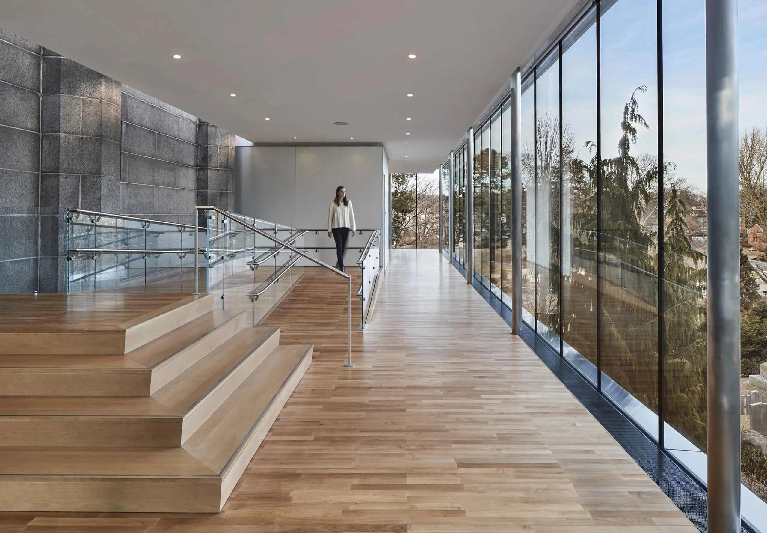 Interior modern viewing area with large glass windows at Bigelow Chapel