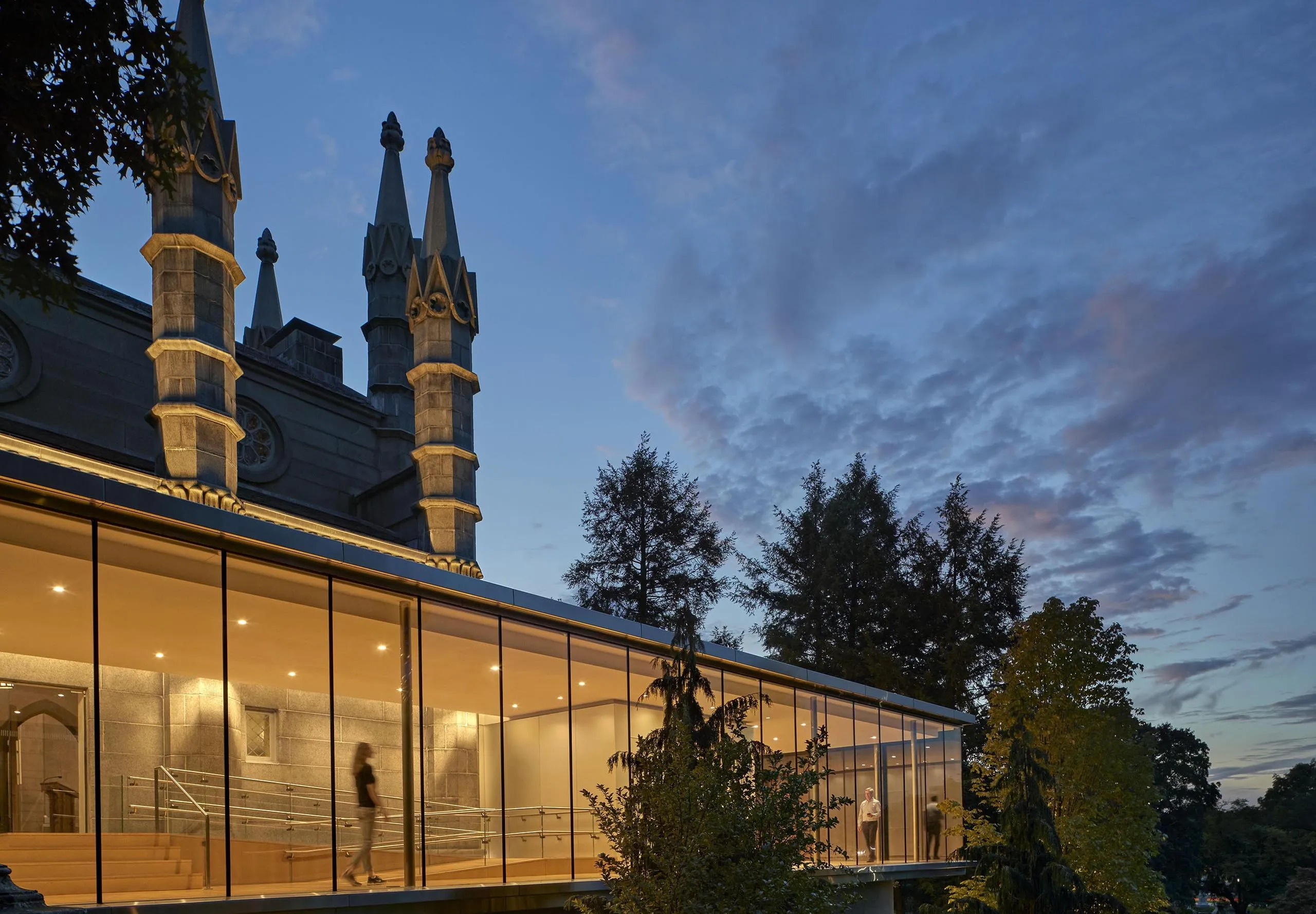 Exterior view of Bigelow Chapel at night