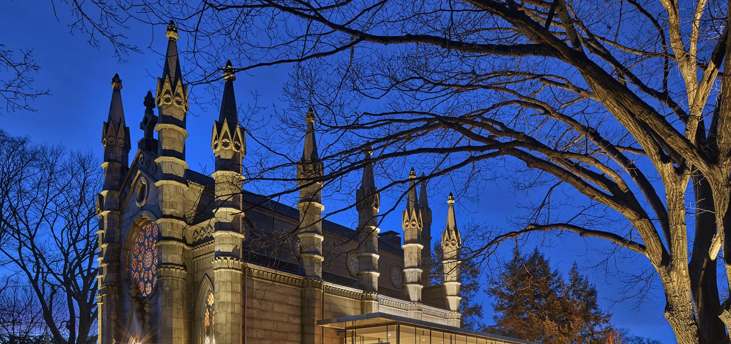 View of Bigelow Chapel entrance with historic entrance and stained glass