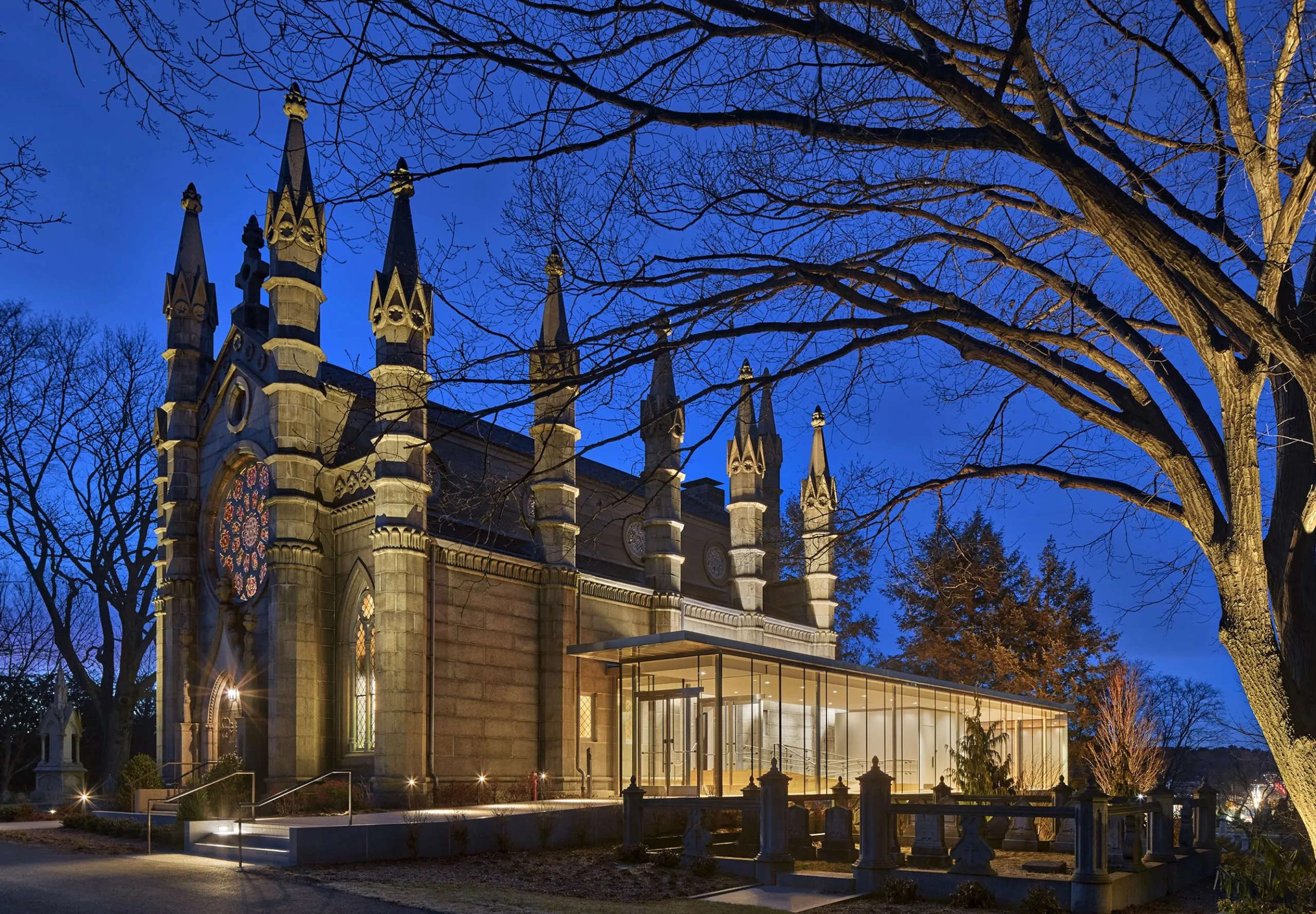 View of Bigelow Chapel entrance with historic entrance and stained glass