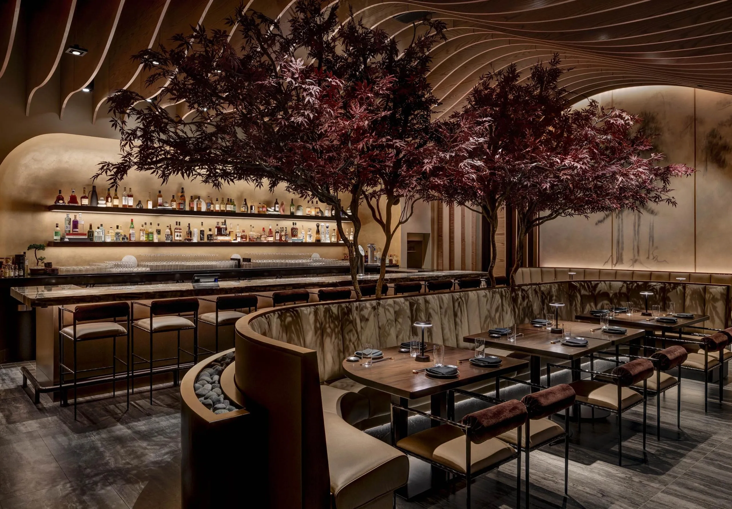 Interior view of the dinning room and bar at Nami Lake Nona