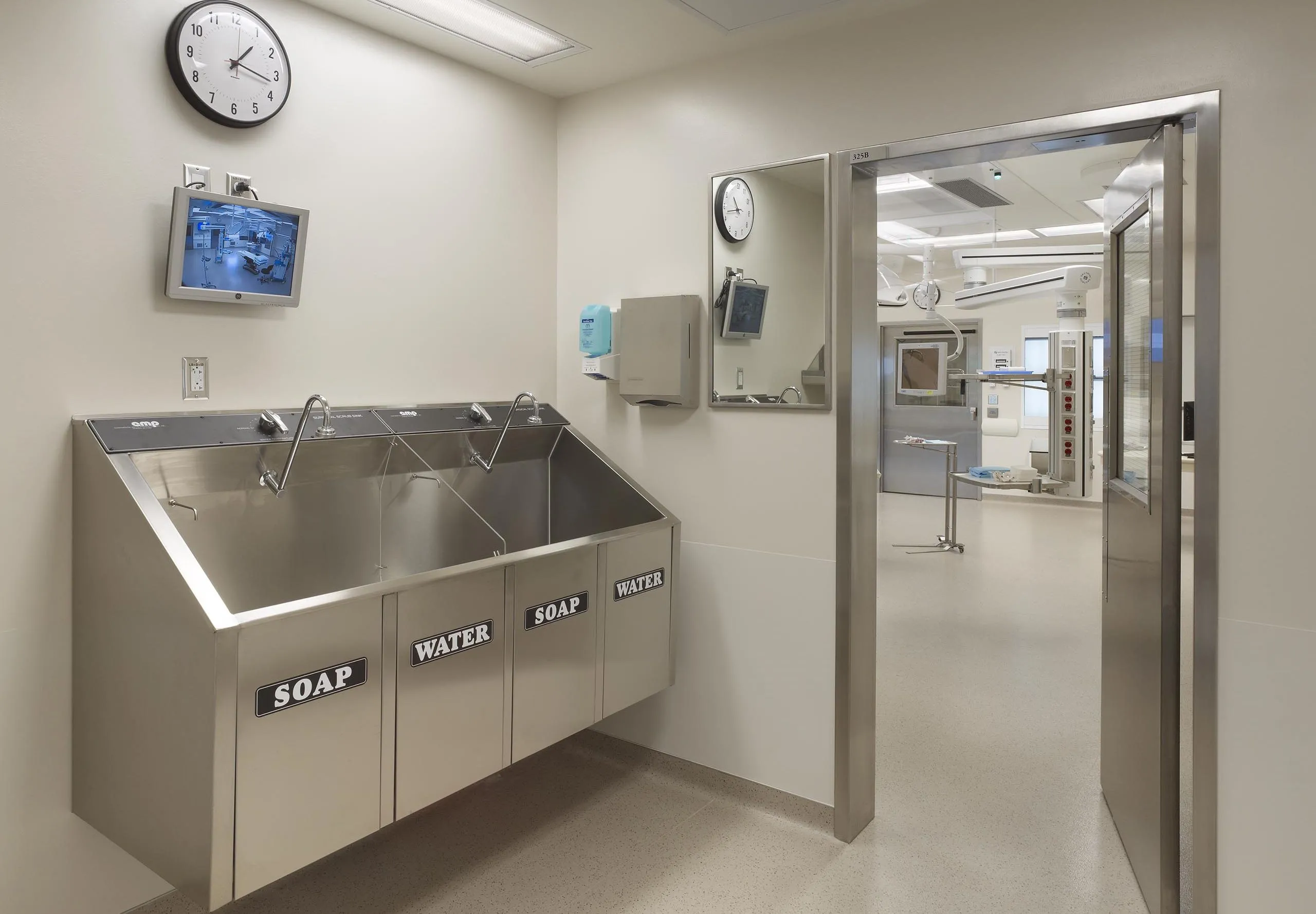 Interior view of the New England Baptist Hospital doctor wash room