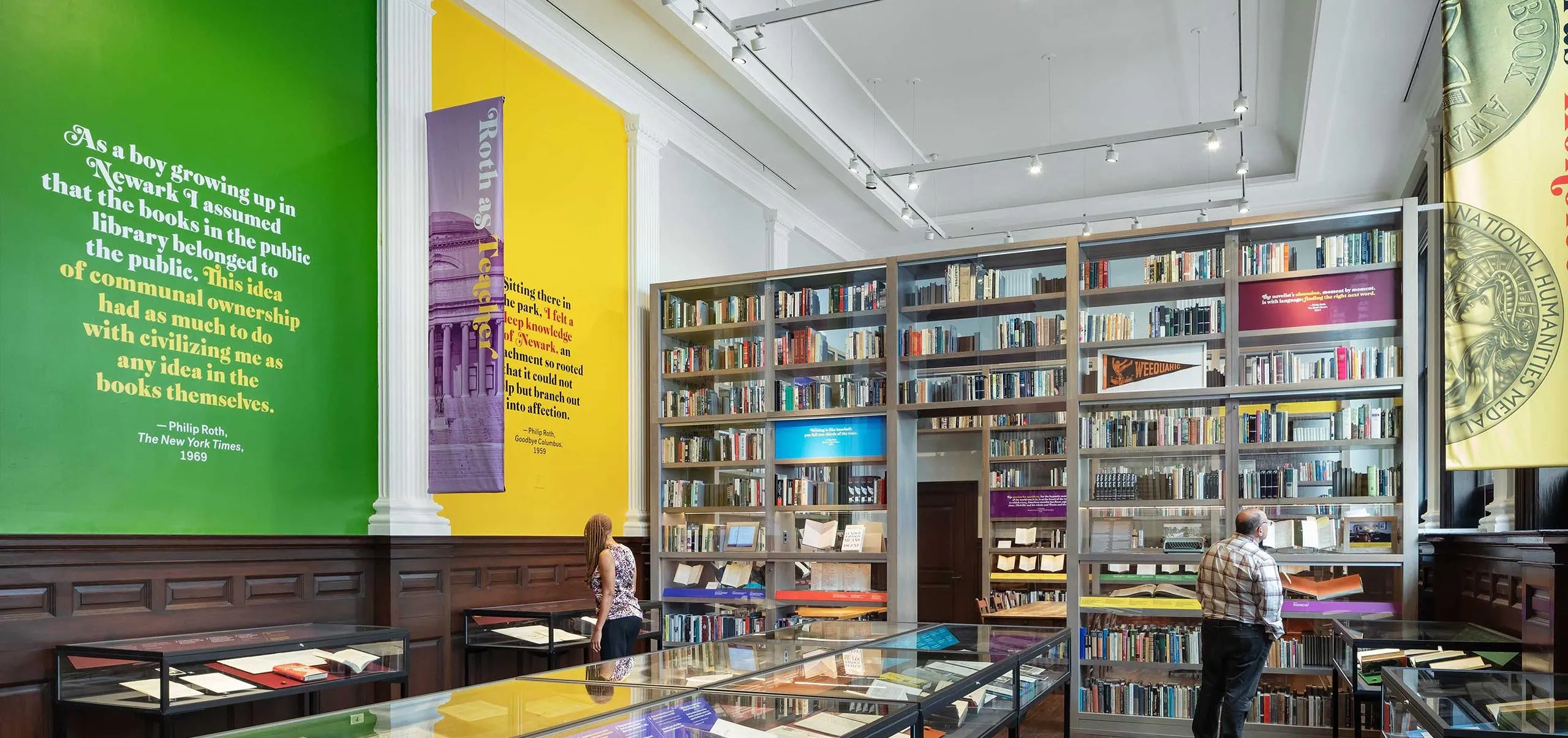 Large bookshelves and display cases at the Phillip Roth Personal Library