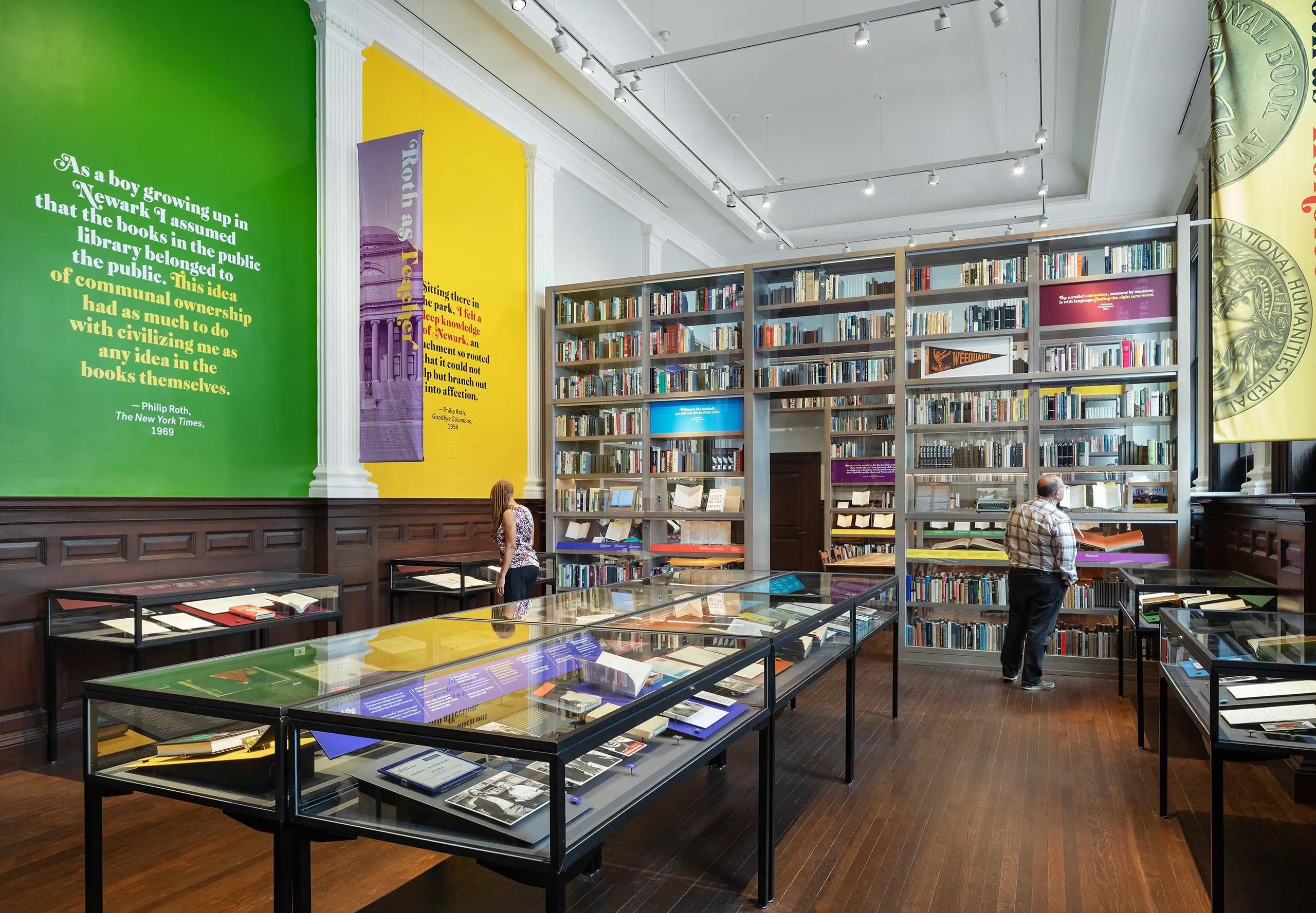 Large bookshelves and display cases at the Phillip Roth Personal Library