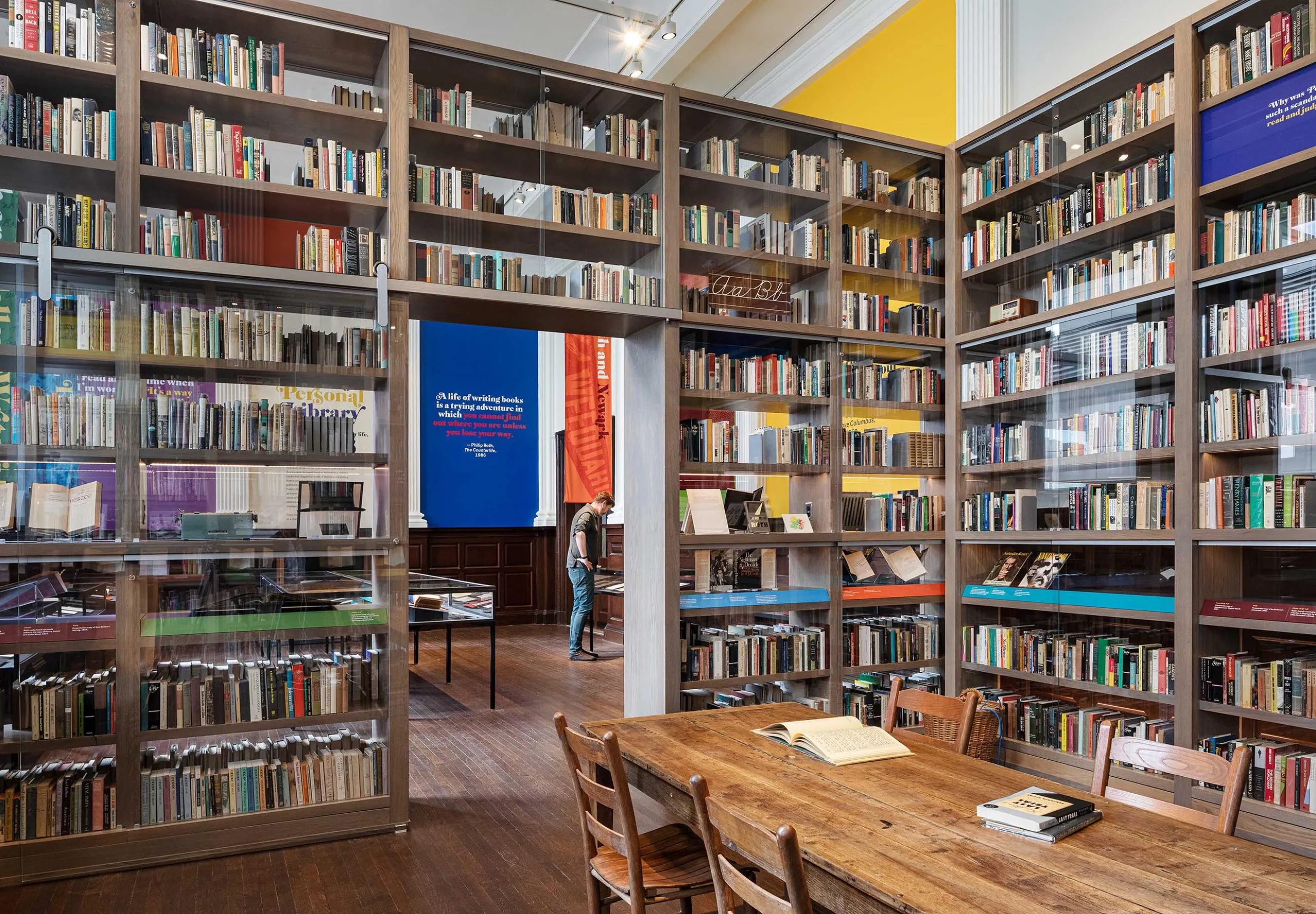 Large bookshelves and display cases at the Phillip Roth Personal Library