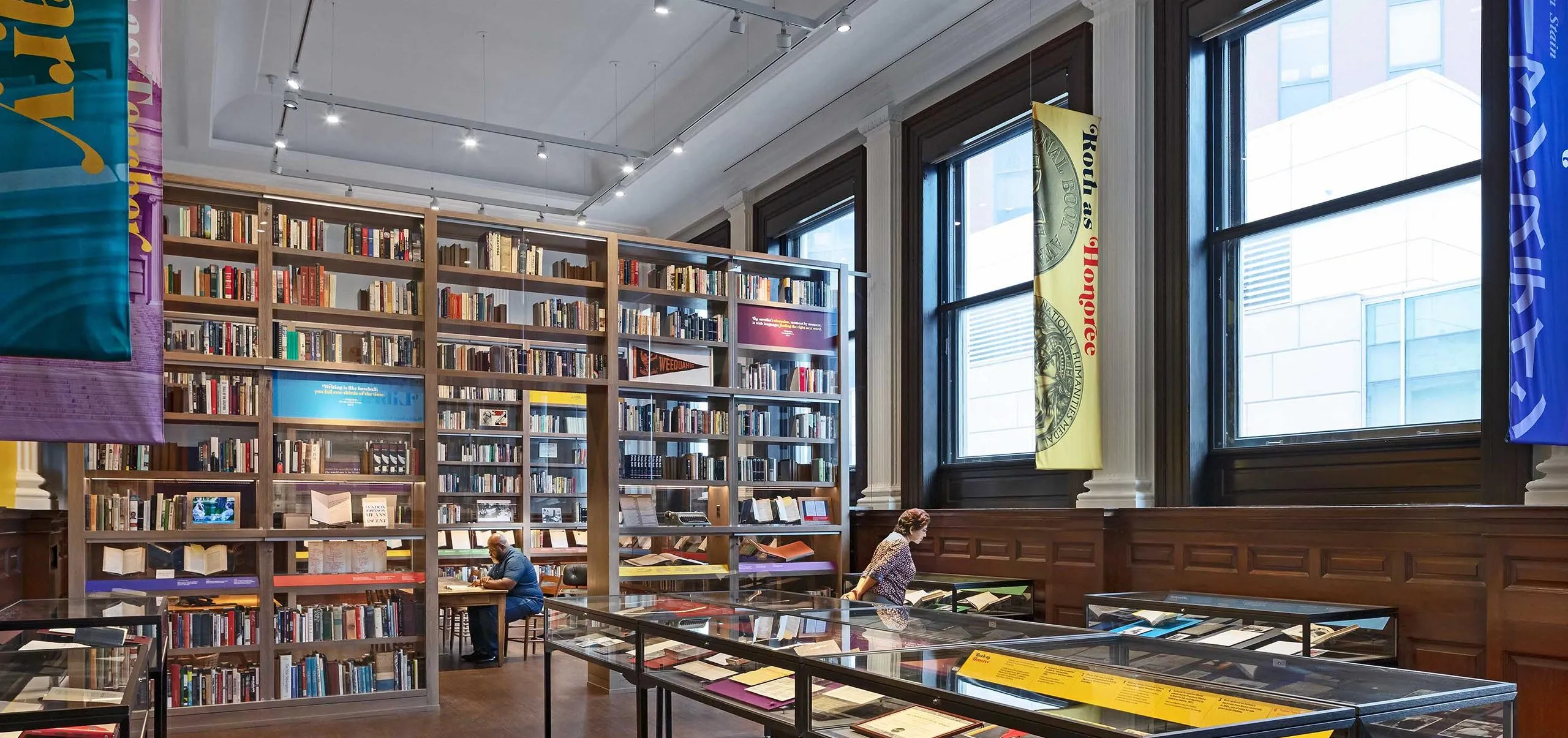 Large bookshelves and display cases at the Phillip Roth Personal Library