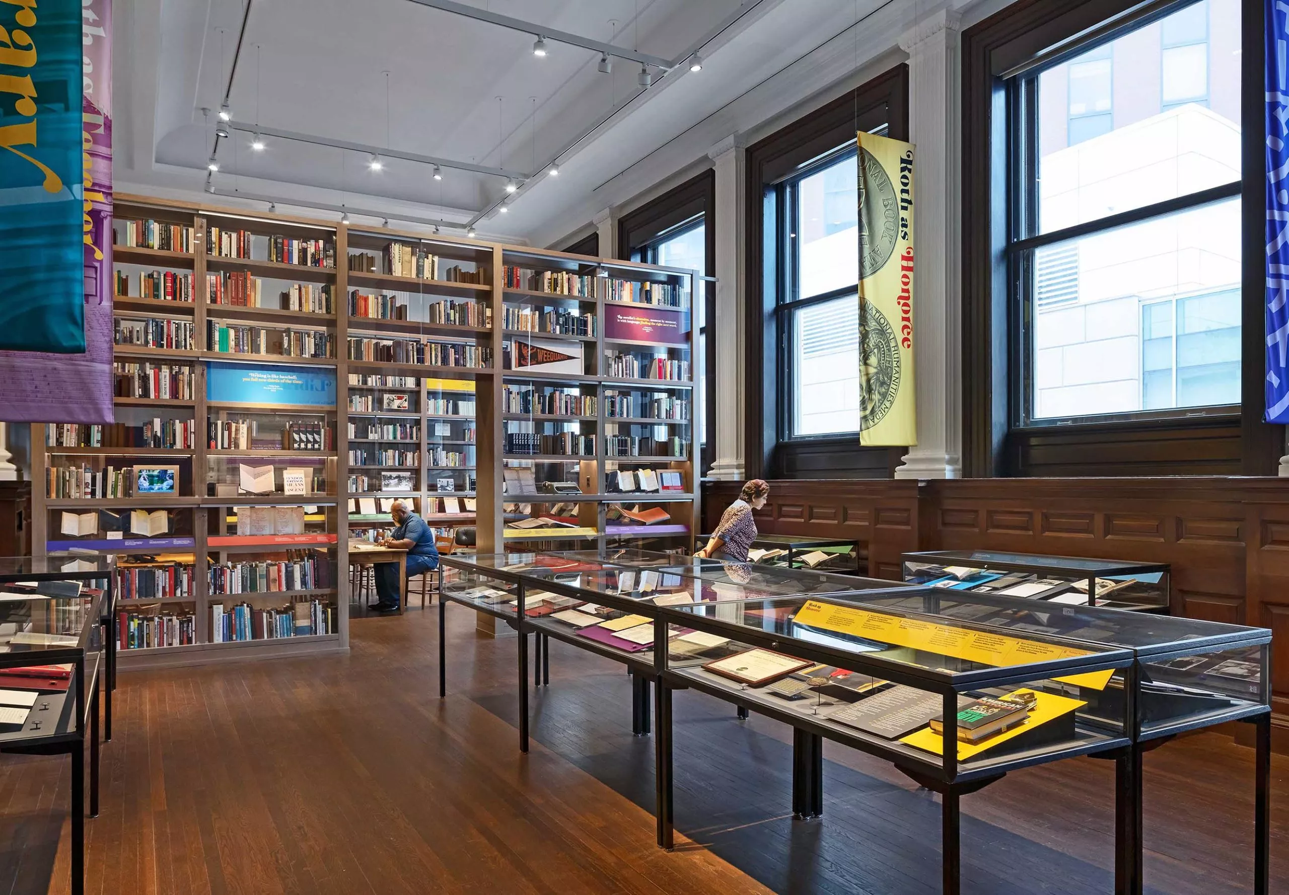 Large bookshelves and display cases at the Phillip Roth Personal Library